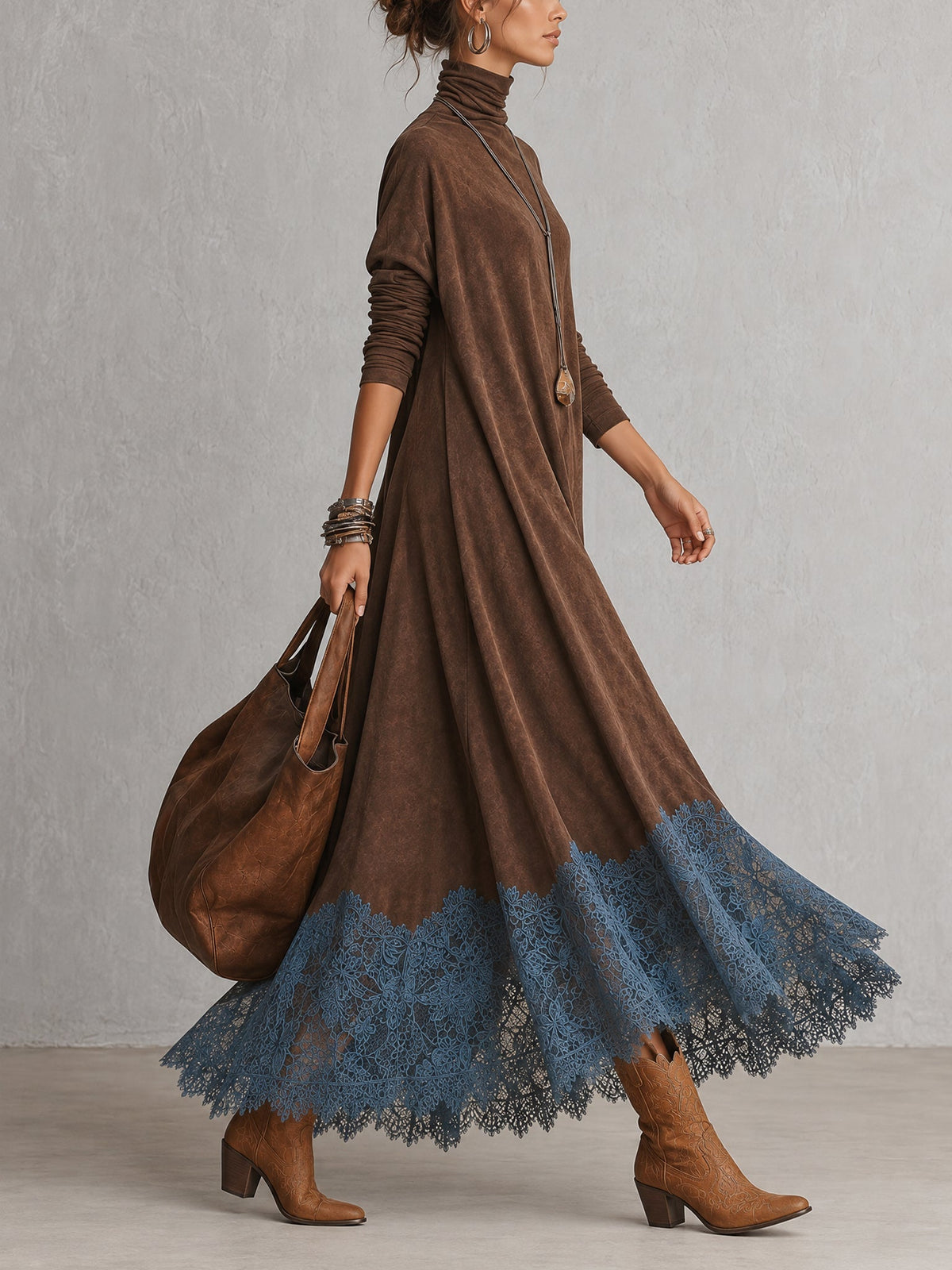 Bridget | Suede-Effect Maxi Dress with Lace Hem