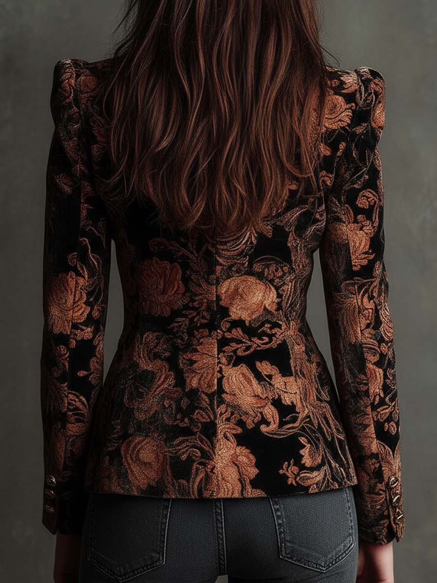Lucinda | Black and Bronze Floral Print Tailored Blazer