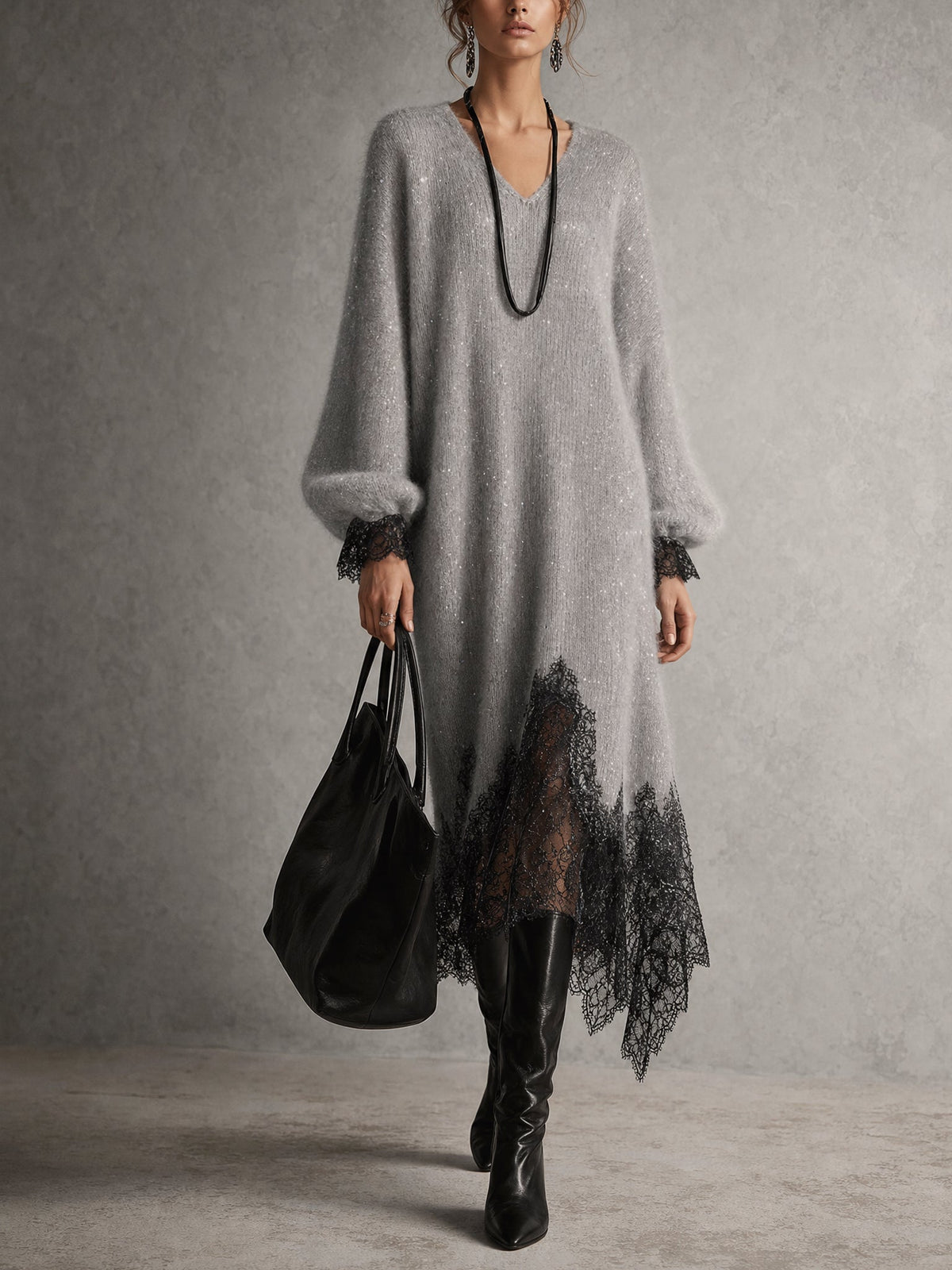 Rachel | Shimmer Knit Midi Dress with Lace Hem
