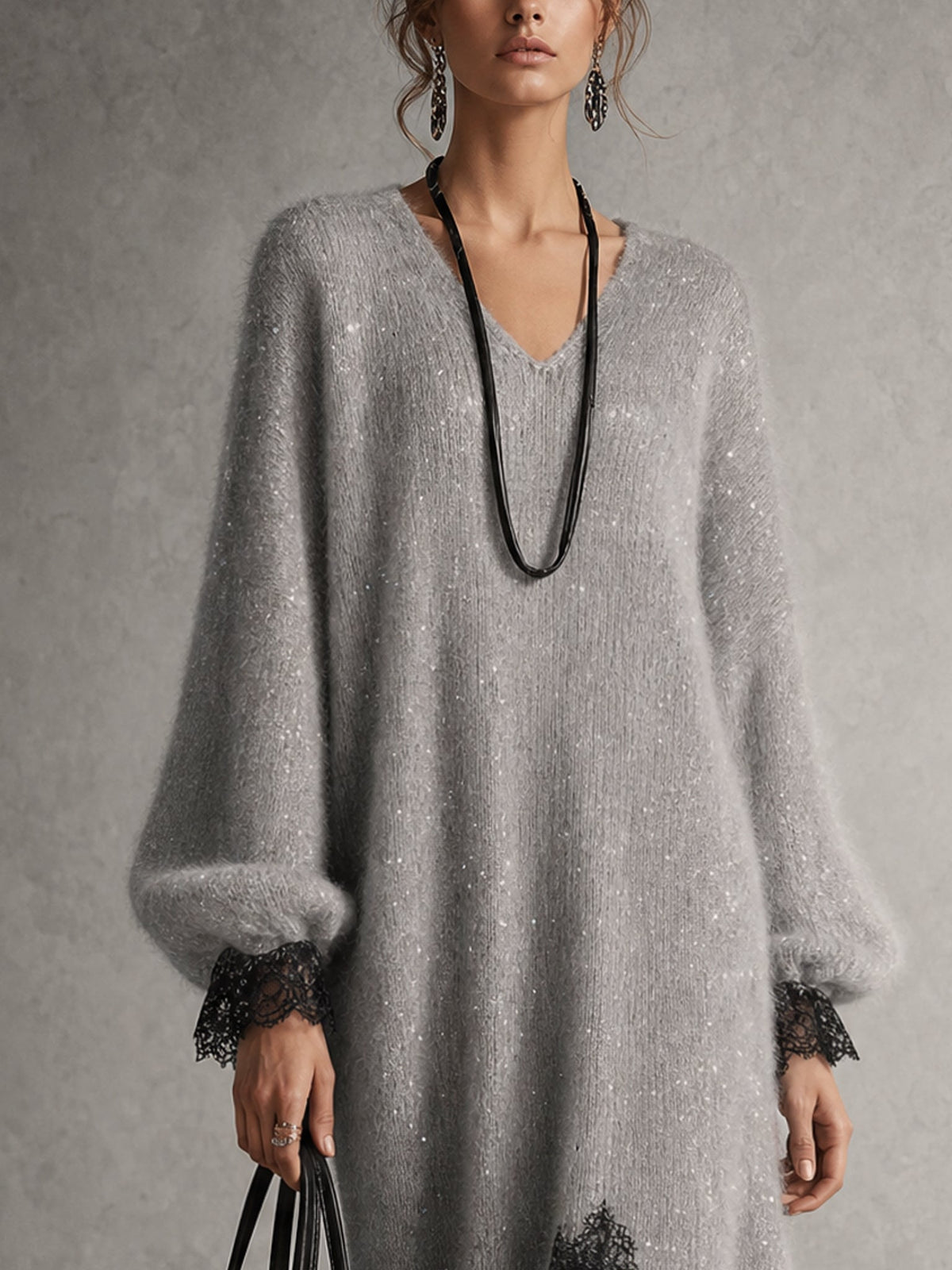 Rachel | Shimmer Knit Midi Dress with Lace Hem