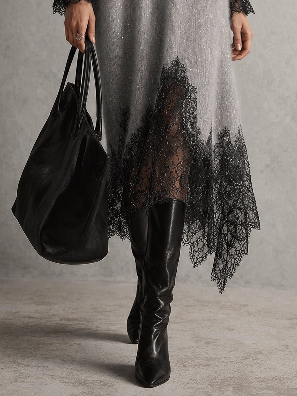 Rachel | Shimmer Knit Midi Dress with Lace Hem