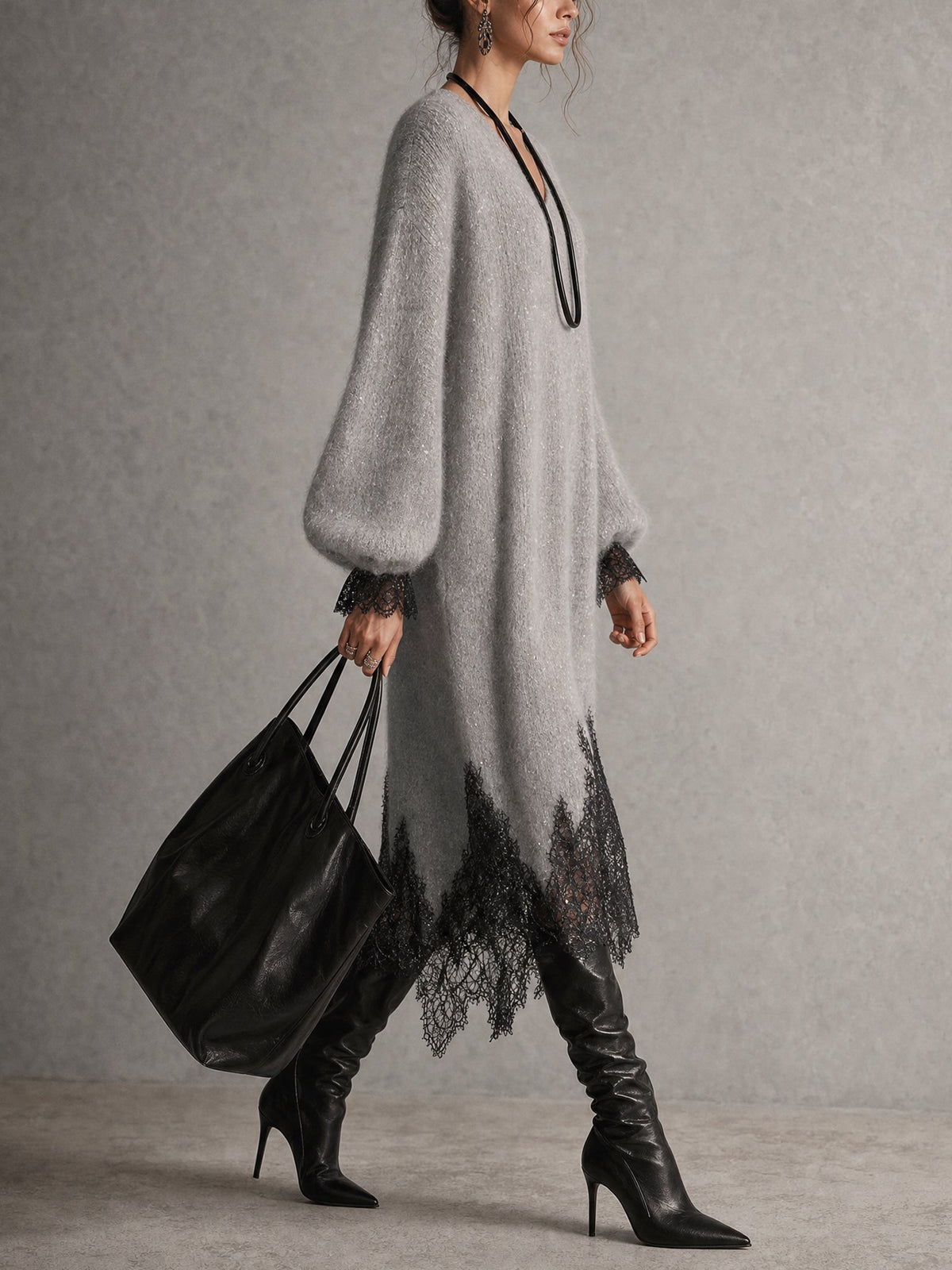 Rachel | Shimmer Knit Midi Dress with Lace Hem