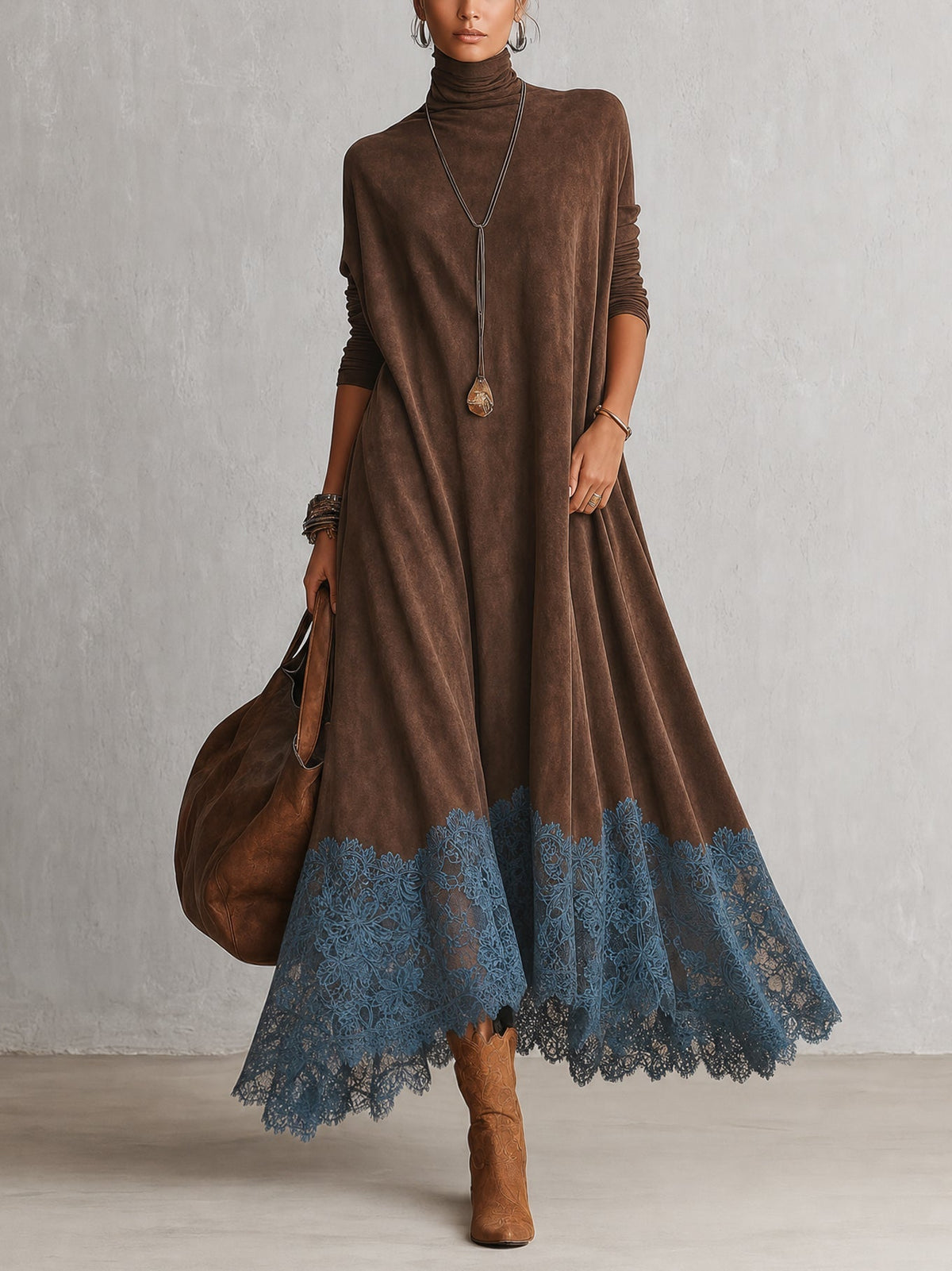 Bridget | Suede-Effect Maxi Dress with Lace Hem