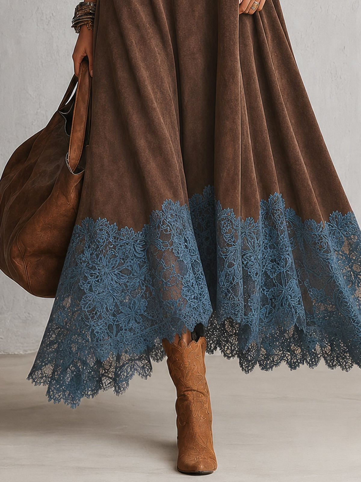 Bridget | Suede-Effect Maxi Dress with Lace Hem
