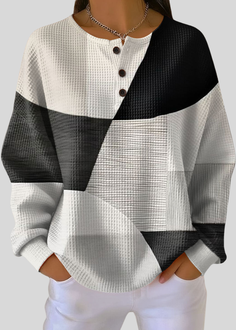Dorcas | Geometric Print Waffle-Knit Henley Sweatshirt