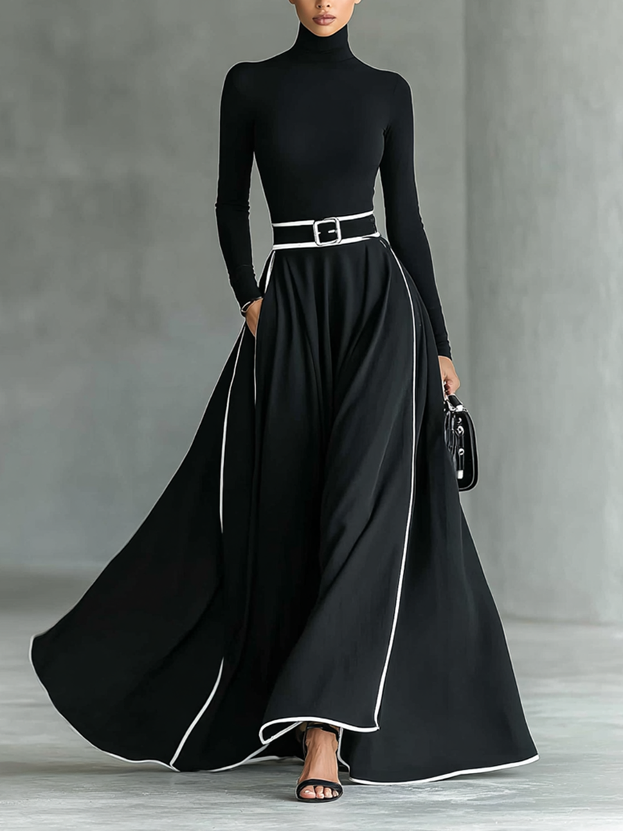 Georgina | Black Belted Maxi Dress with Contrast Stitching