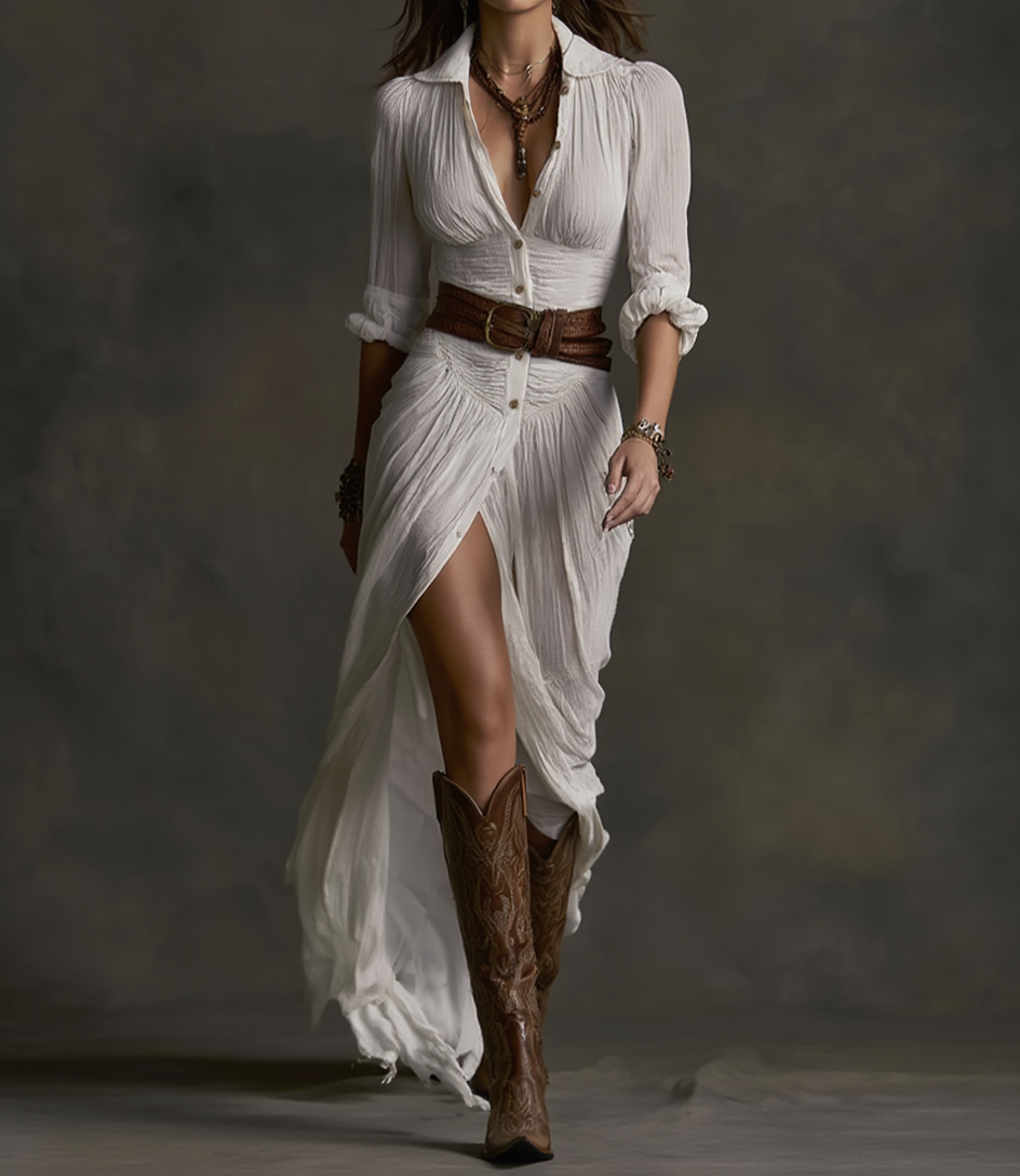 Hannah | Long Linen-Blend Dress with Reverse Collar