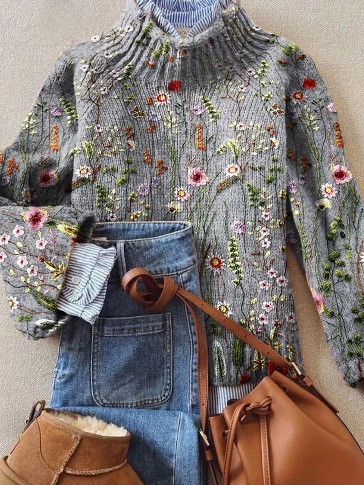 Louisa | Floral Roll Neck Knit Sweater