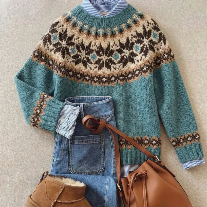 Rachel | Teal Snowflake Yoke Sweater