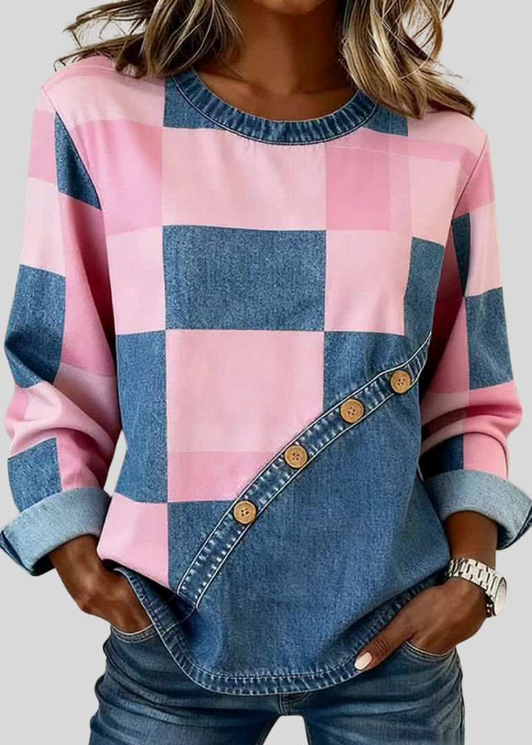 Petronella | Patchwork Sweatshirt with Button Trim