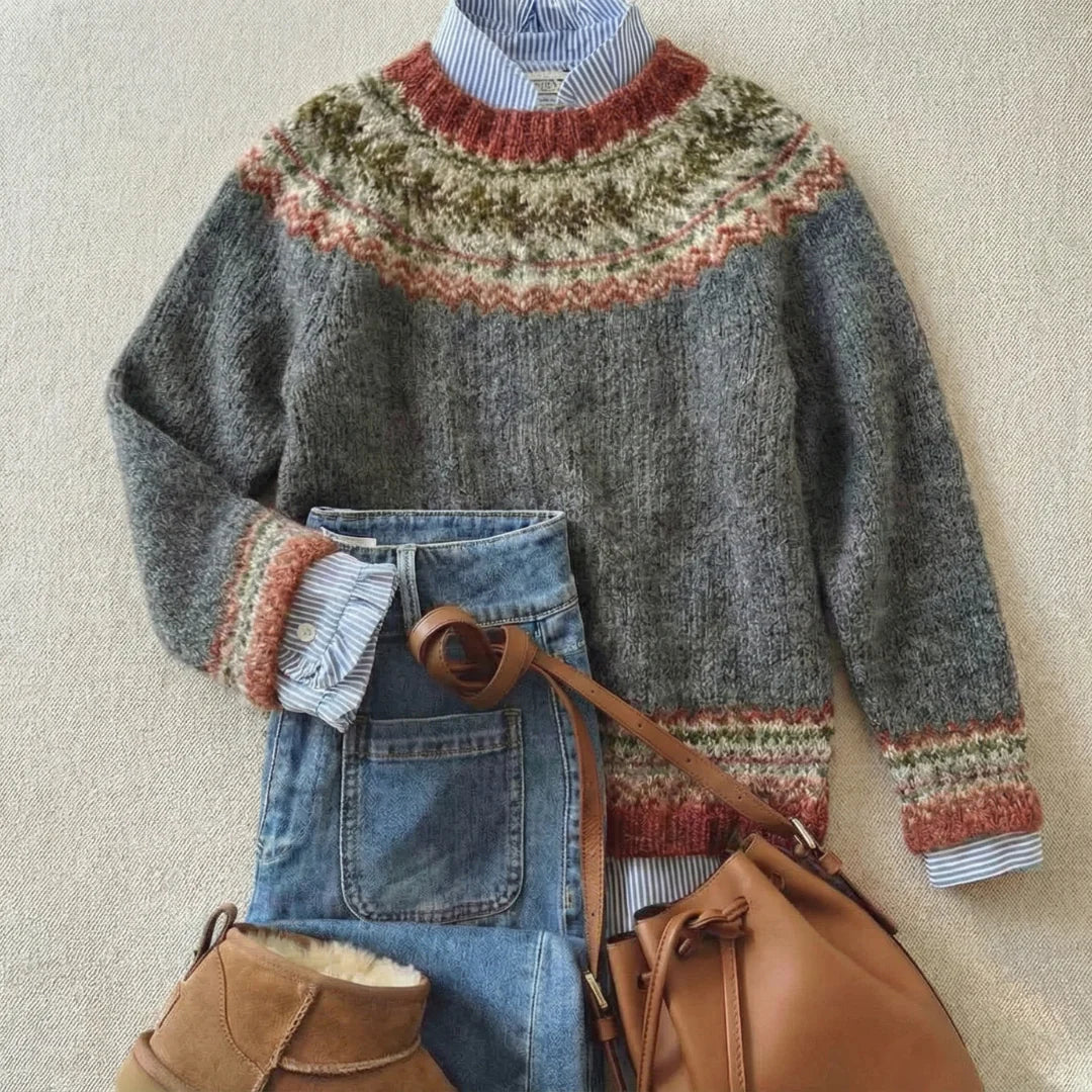 Gemma | Stone Grey Fair Isle Yoke Sweater