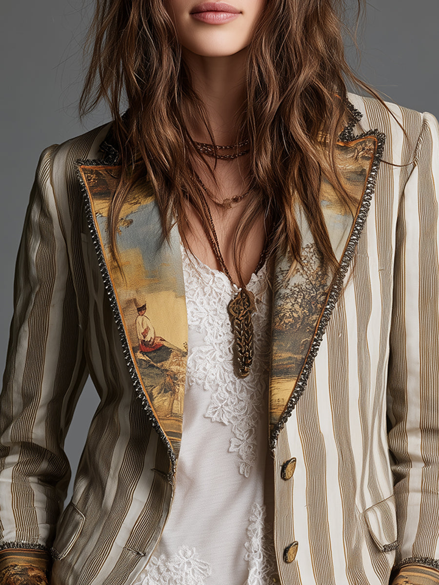 Eliza | Bohemian Striped Blazer with Printed Collar