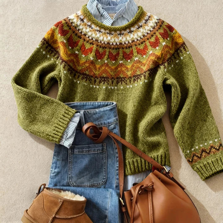 Rosie | Olive Green Fair Isle Yoke Sweater