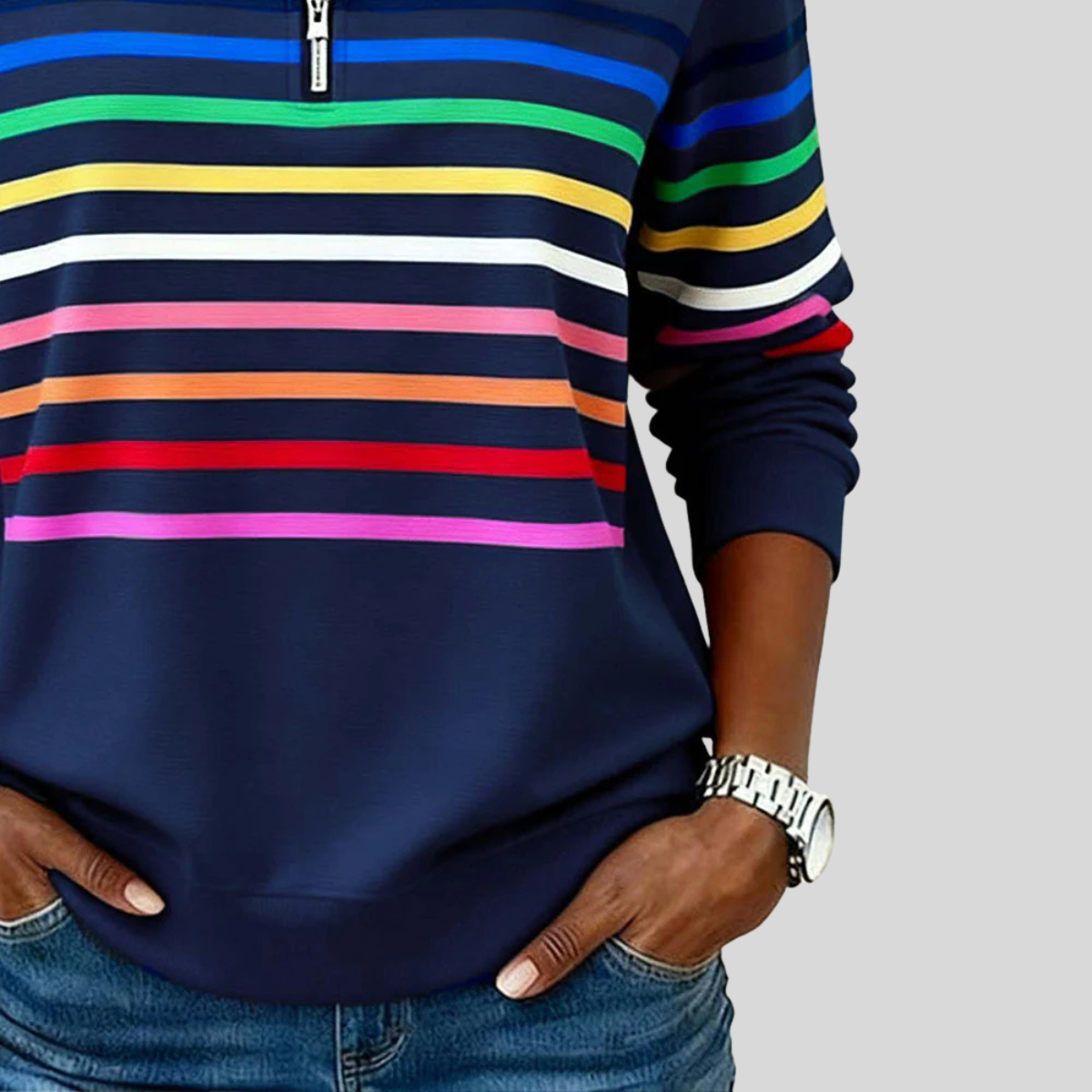 Queenie | Multicolour Stripe Quarter-Zip Sweatshirt