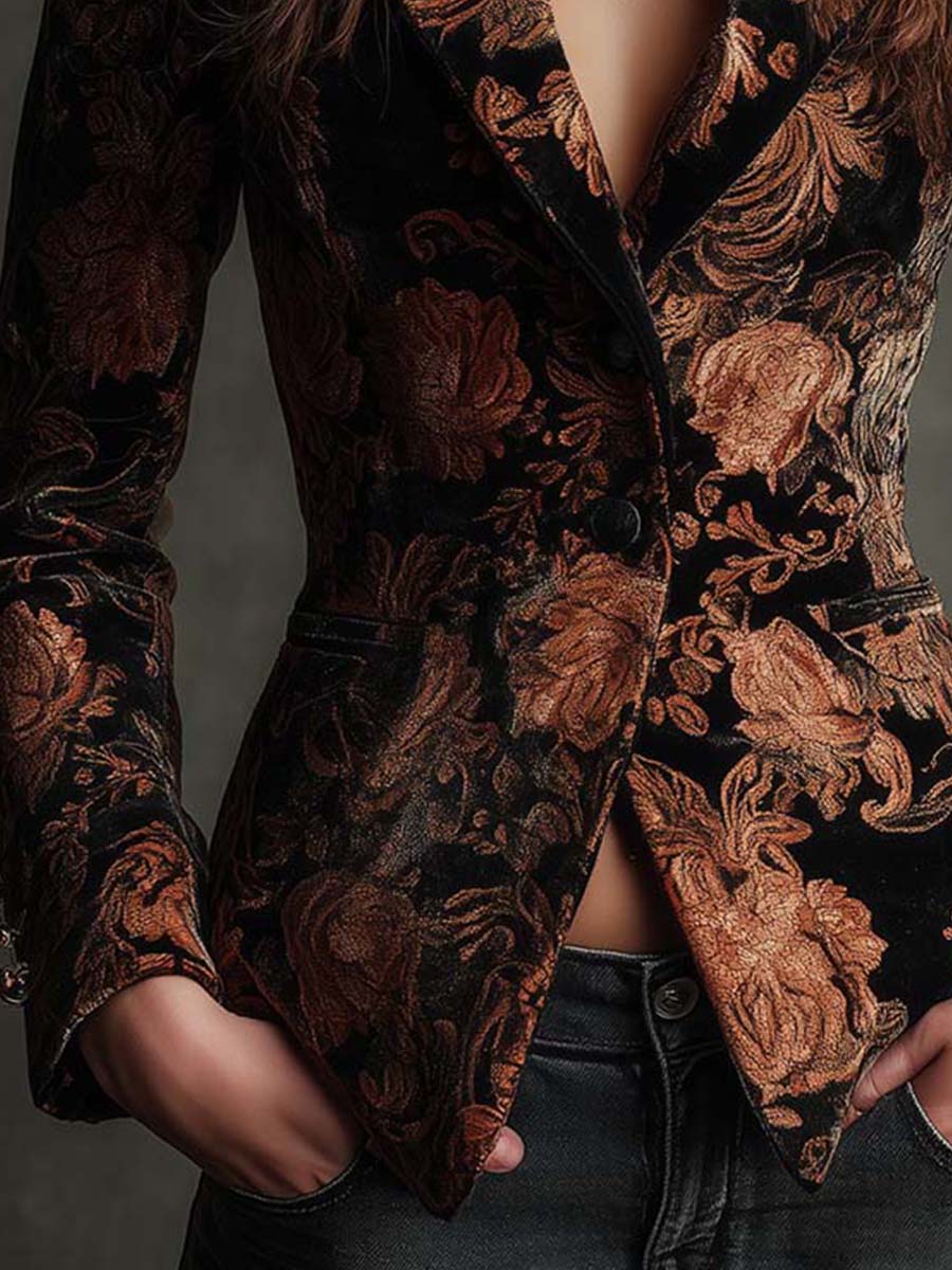 Lucinda | Black and Bronze Floral Print Tailored Blazer