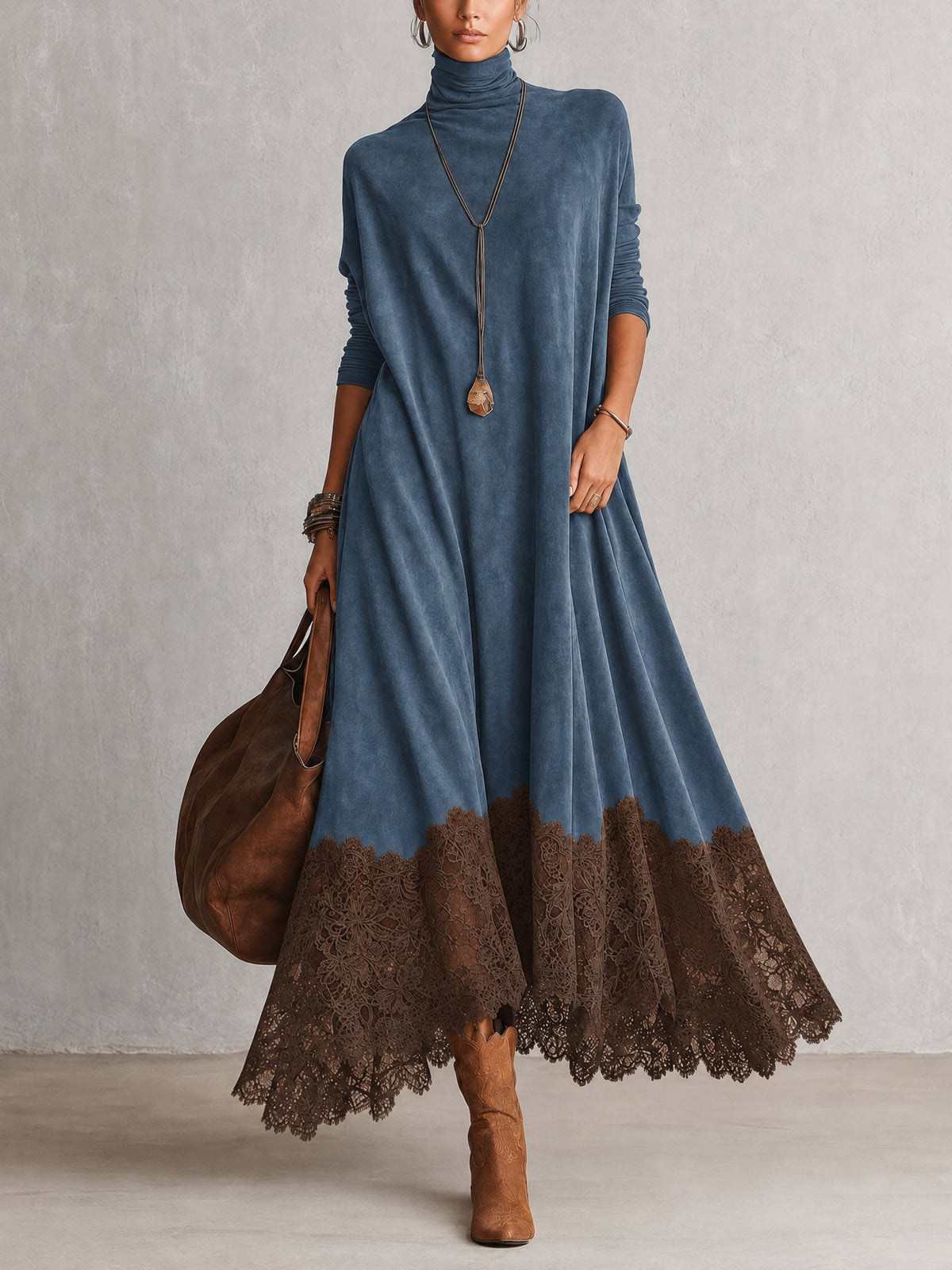 Bridget | Suede-Effect Maxi Dress with Lace Hem