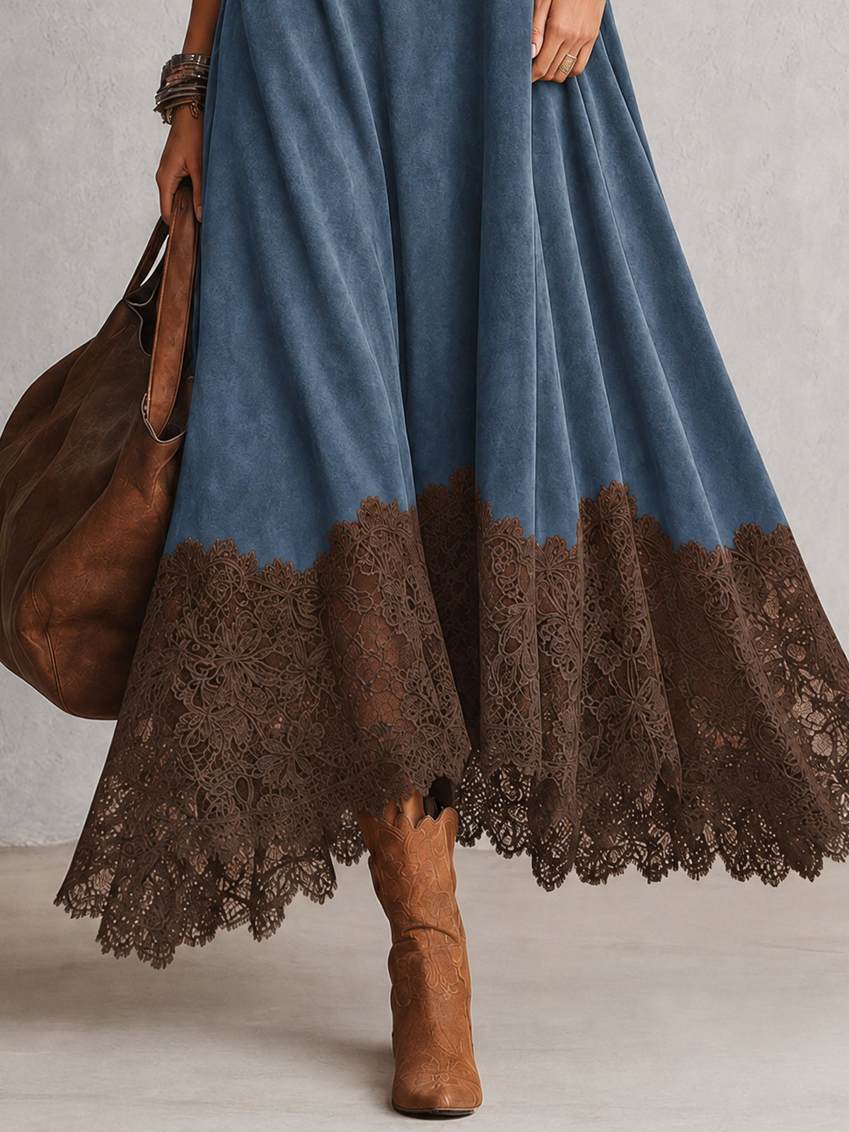 Bridget | Suede-Effect Maxi Dress with Lace Hem