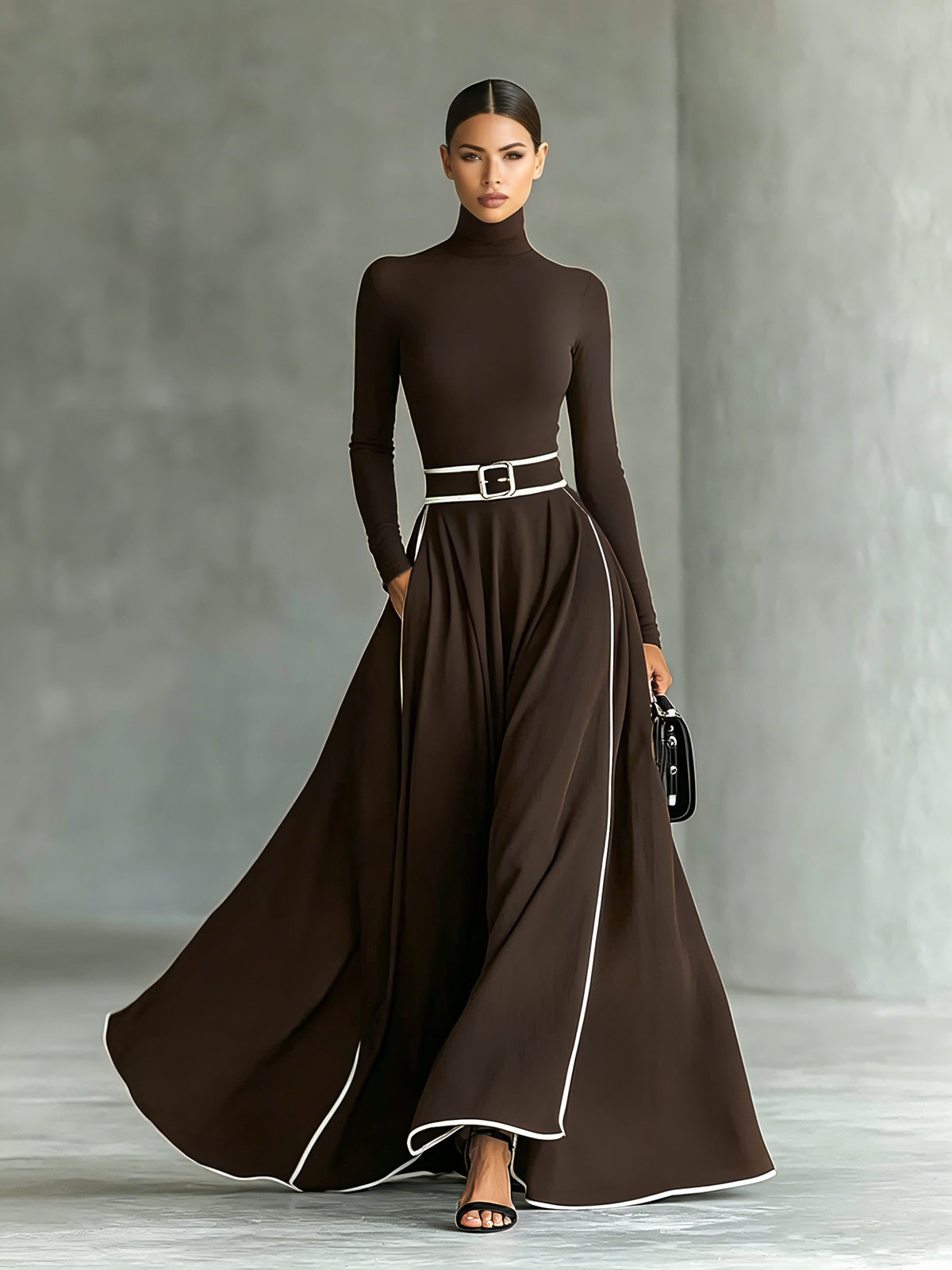 Georgina | Black Belted Maxi Dress with Contrast Stitching