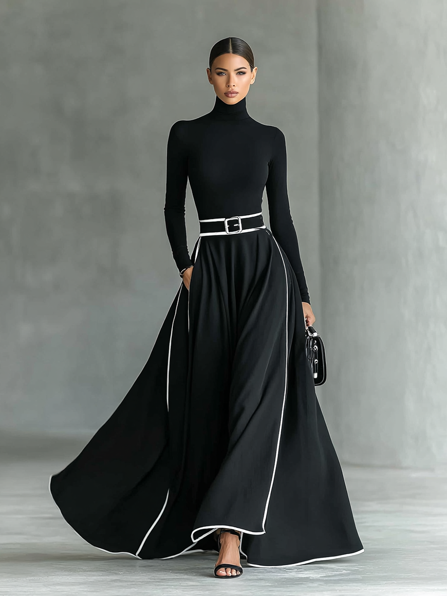 Georgina | Black Belted Maxi Dress with Contrast Stitching