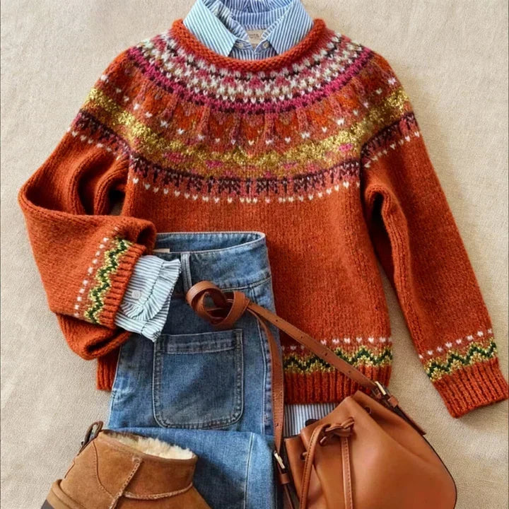 Dorothy | Burnt Orange Fair Isle Yoke Sweater