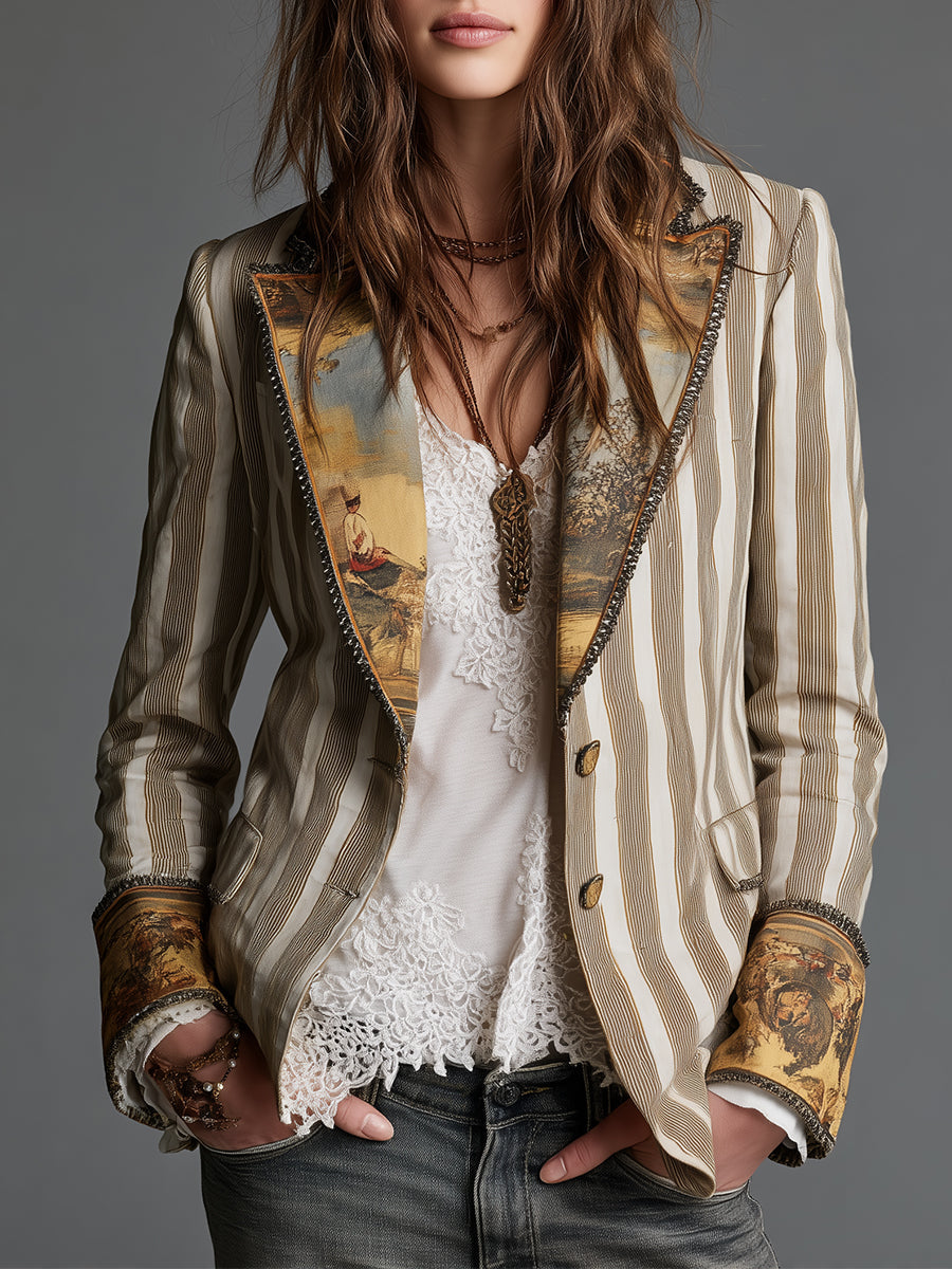 Eliza | Bohemian Striped Blazer with Printed Collar