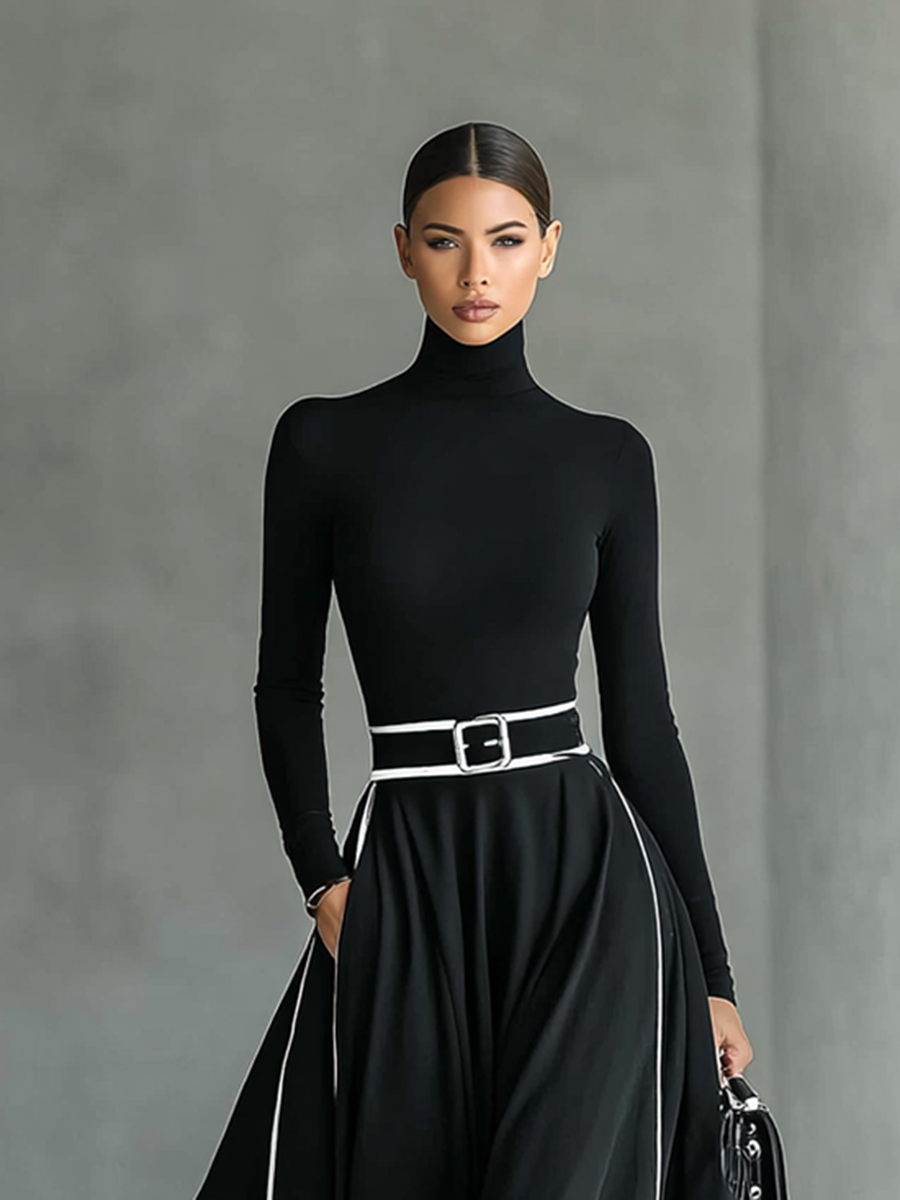 Georgina | Black Belted Maxi Dress with Contrast Stitching