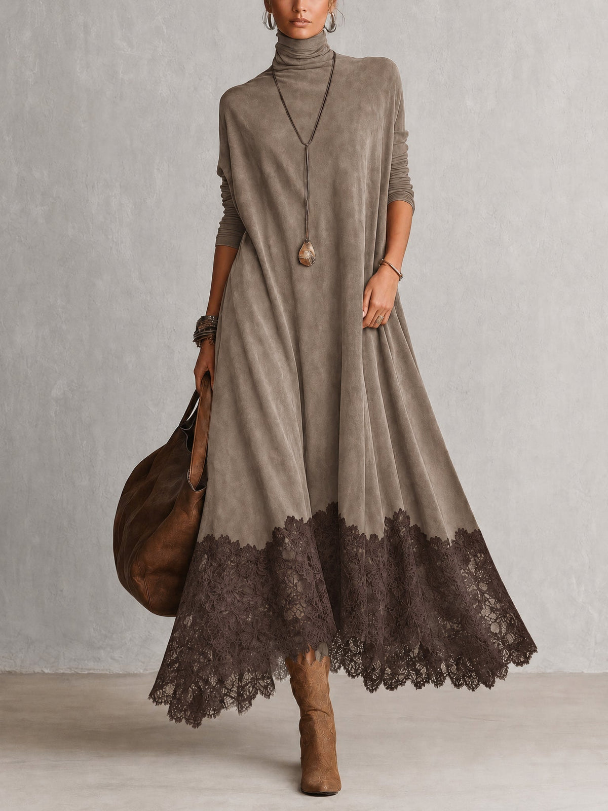 Bridget | Suede-Effect Maxi Dress with Lace Hem
