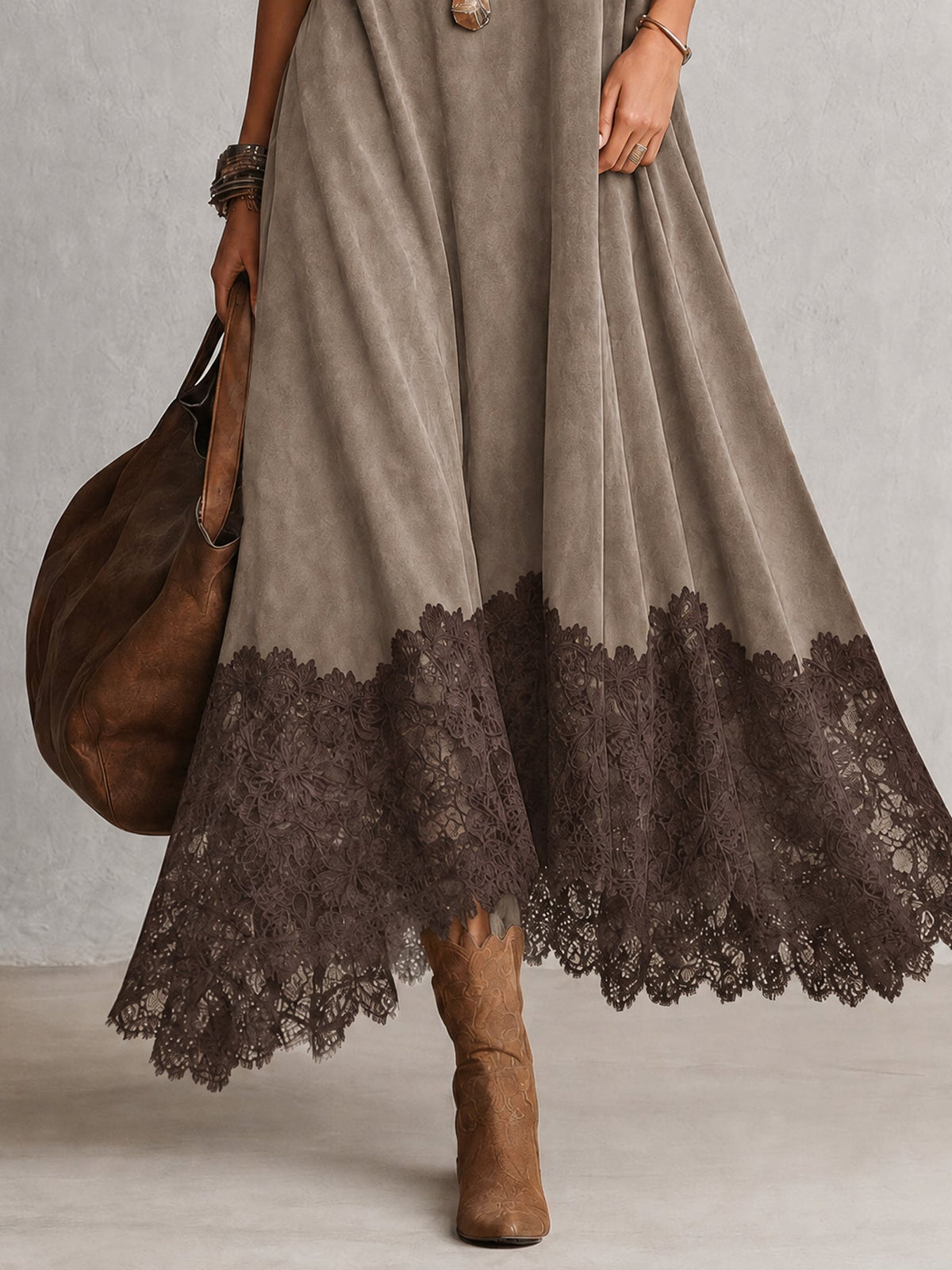Bridget | Suede-Effect Maxi Dress with Lace Hem