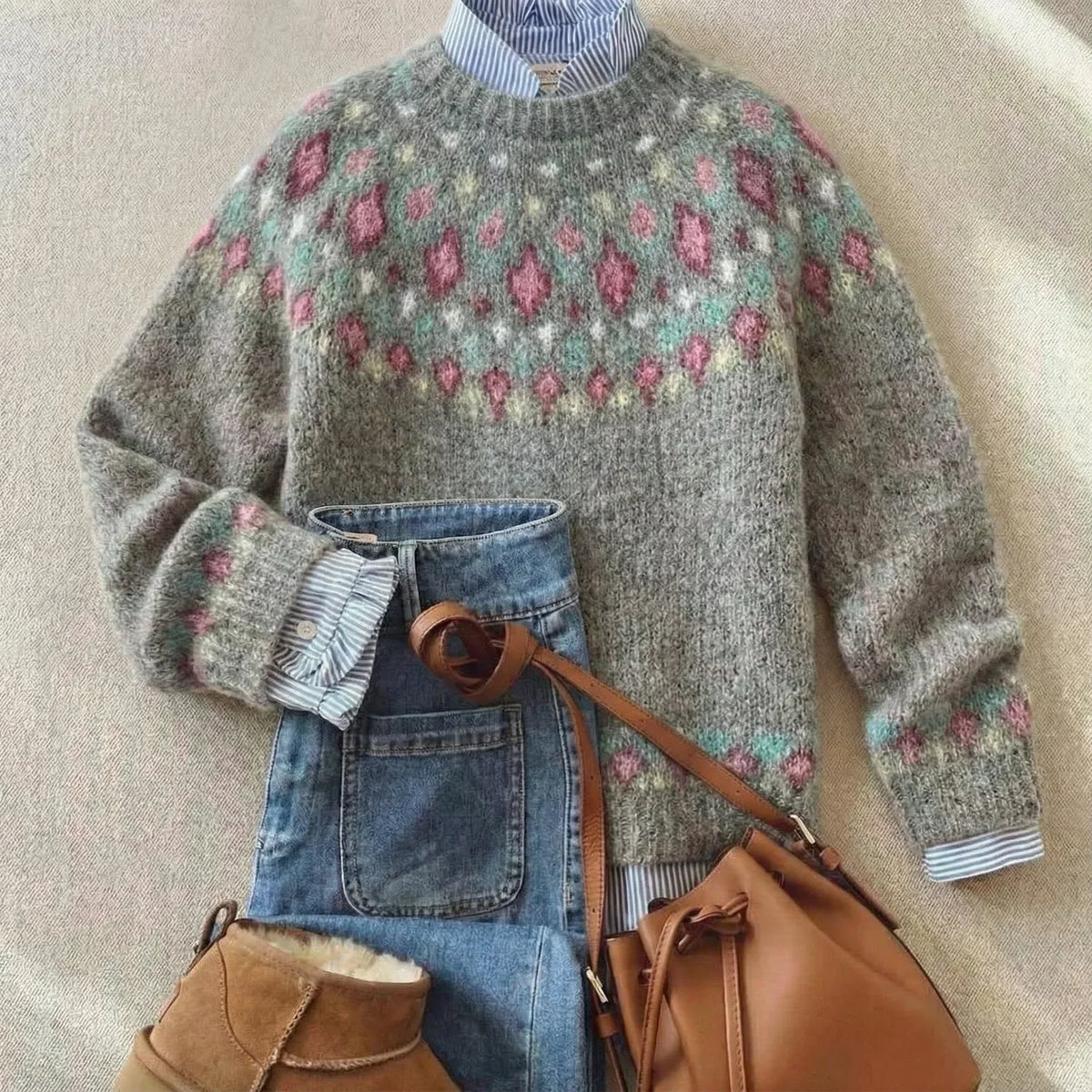 Imogen | Soft Grey Fair Isle Yoke Sweater