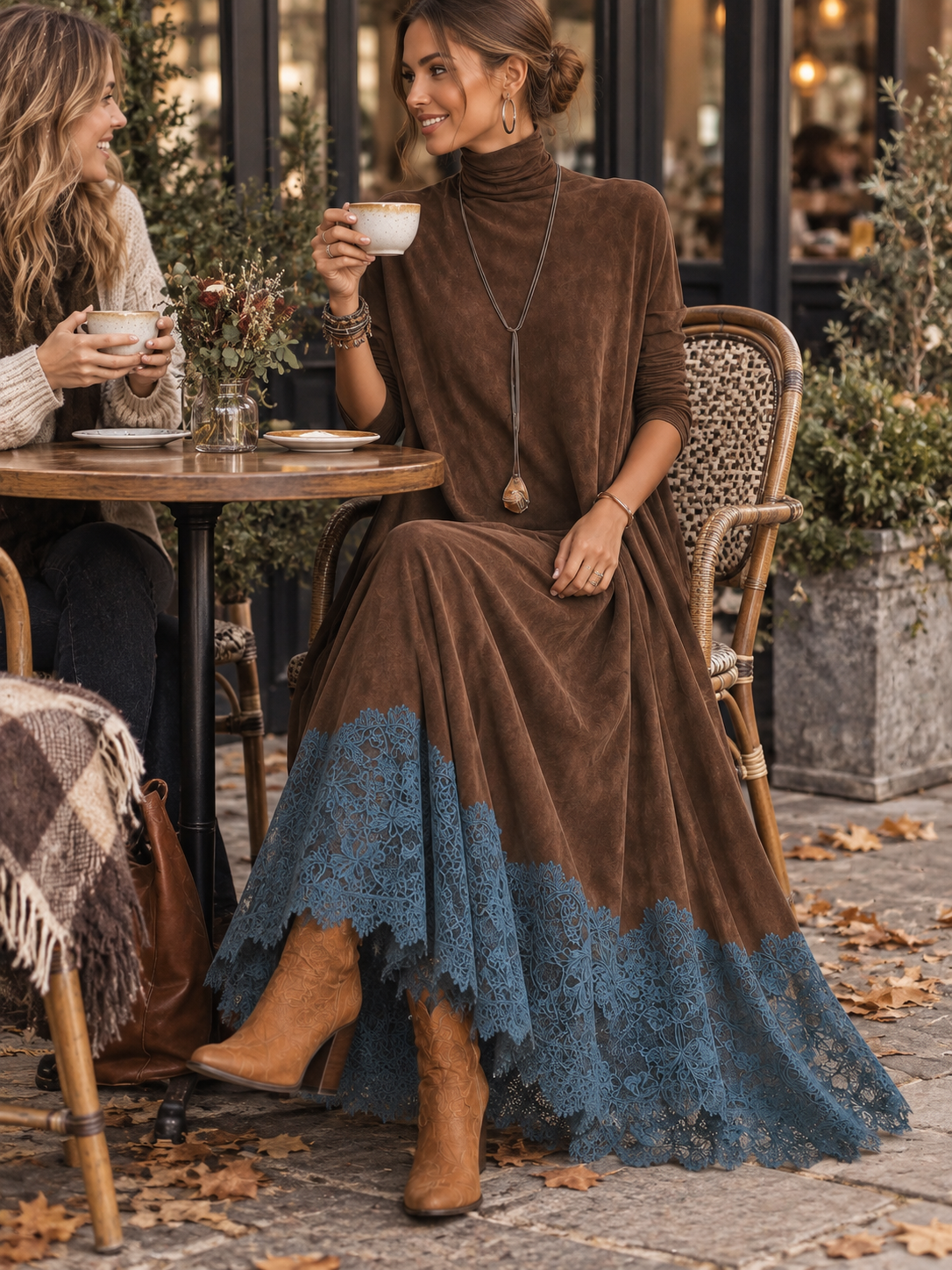 Bridget | Suede-Effect Maxi Dress with Lace Hem