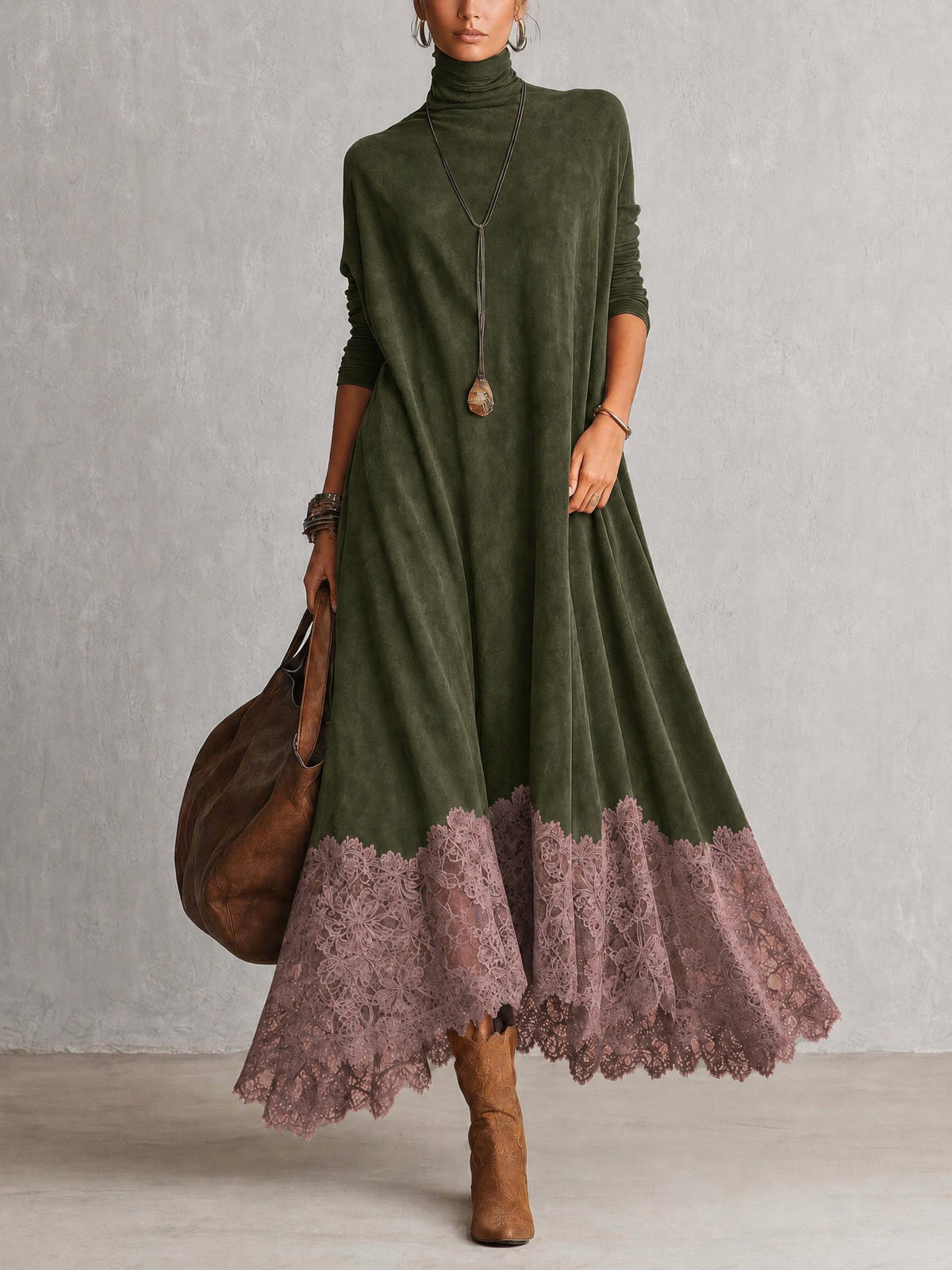 Bridget | Suede-Effect Maxi Dress with Lace Hem