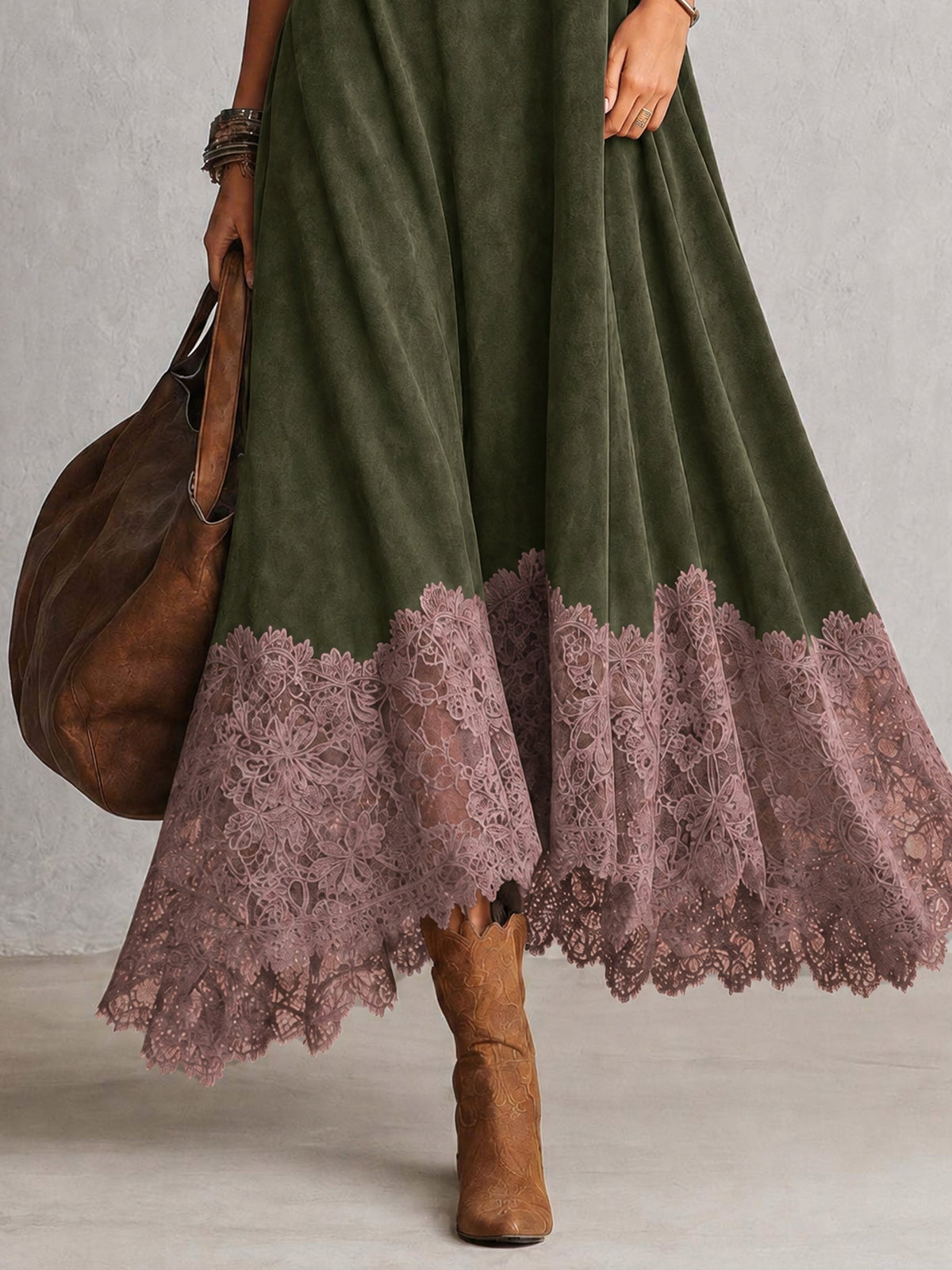 Bridget | Suede-Effect Maxi Dress with Lace Hem