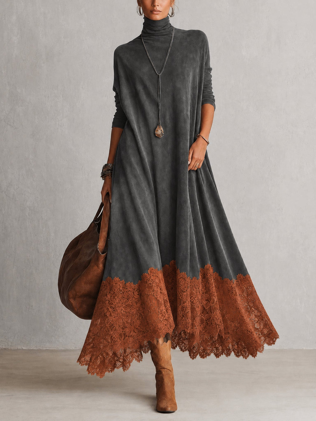 Bridget | Suede-Effect Maxi Dress with Lace Hem