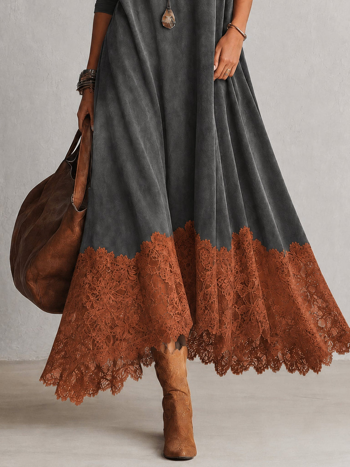 Bridget | Suede-Effect Maxi Dress with Lace Hem