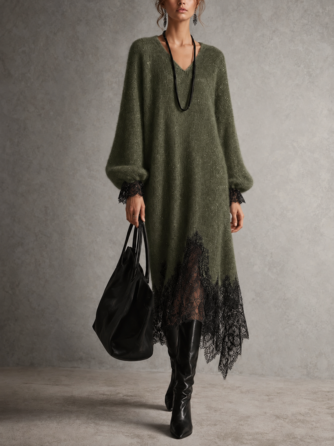 Rachel | Shimmer Knit Midi Dress with Lace Hem