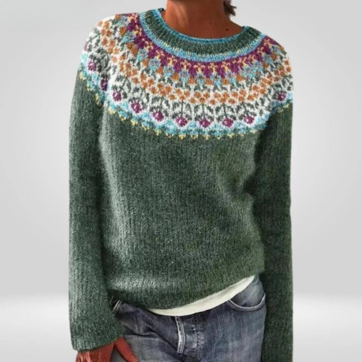 Abigail | Dark Green Fair Isle Yoke Sweater