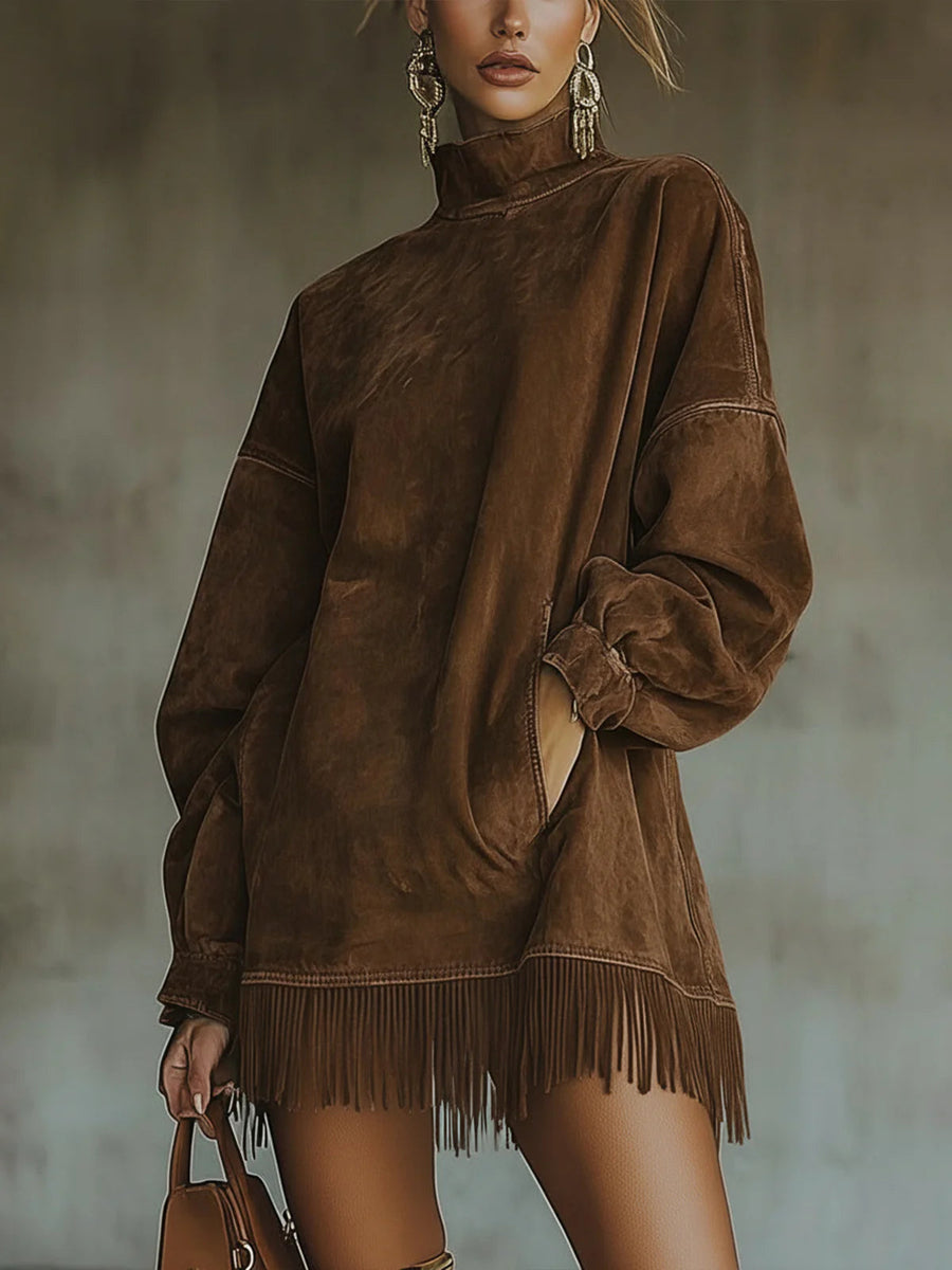 Rebecca | Faux Suede High-Neck Dress with Fringe