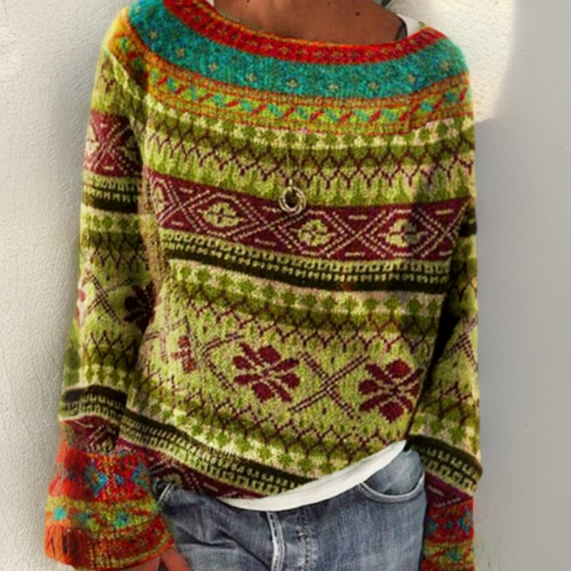 Caitlin | Green and Orange Patterned Knit Sweater