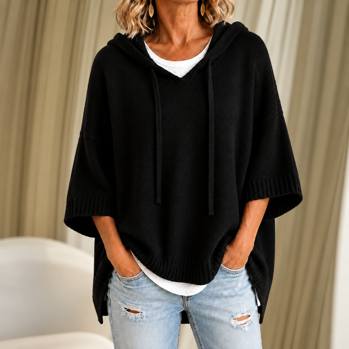 Rhiannon | Hooded Knit Poncho with Three-Quarter Sleeves