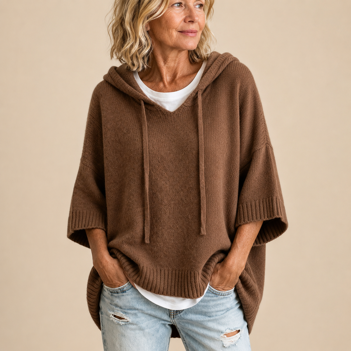 Rhiannon | Hooded Knit Poncho with Three-Quarter Sleeves