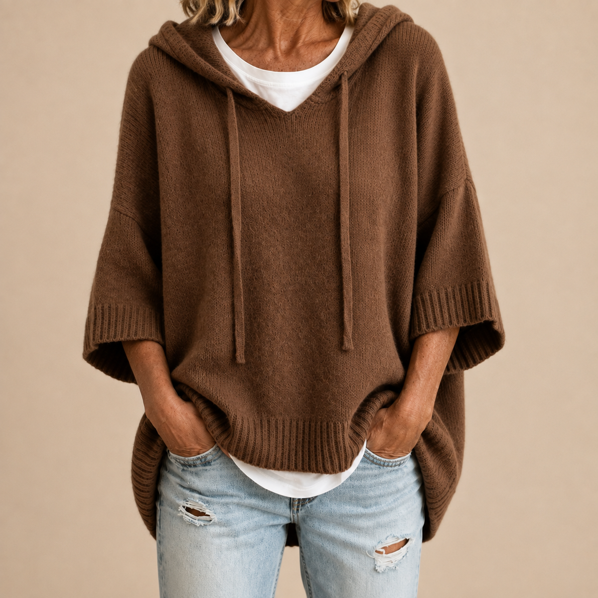 Rhiannon | Hooded Knit Poncho with Three-Quarter Sleeves