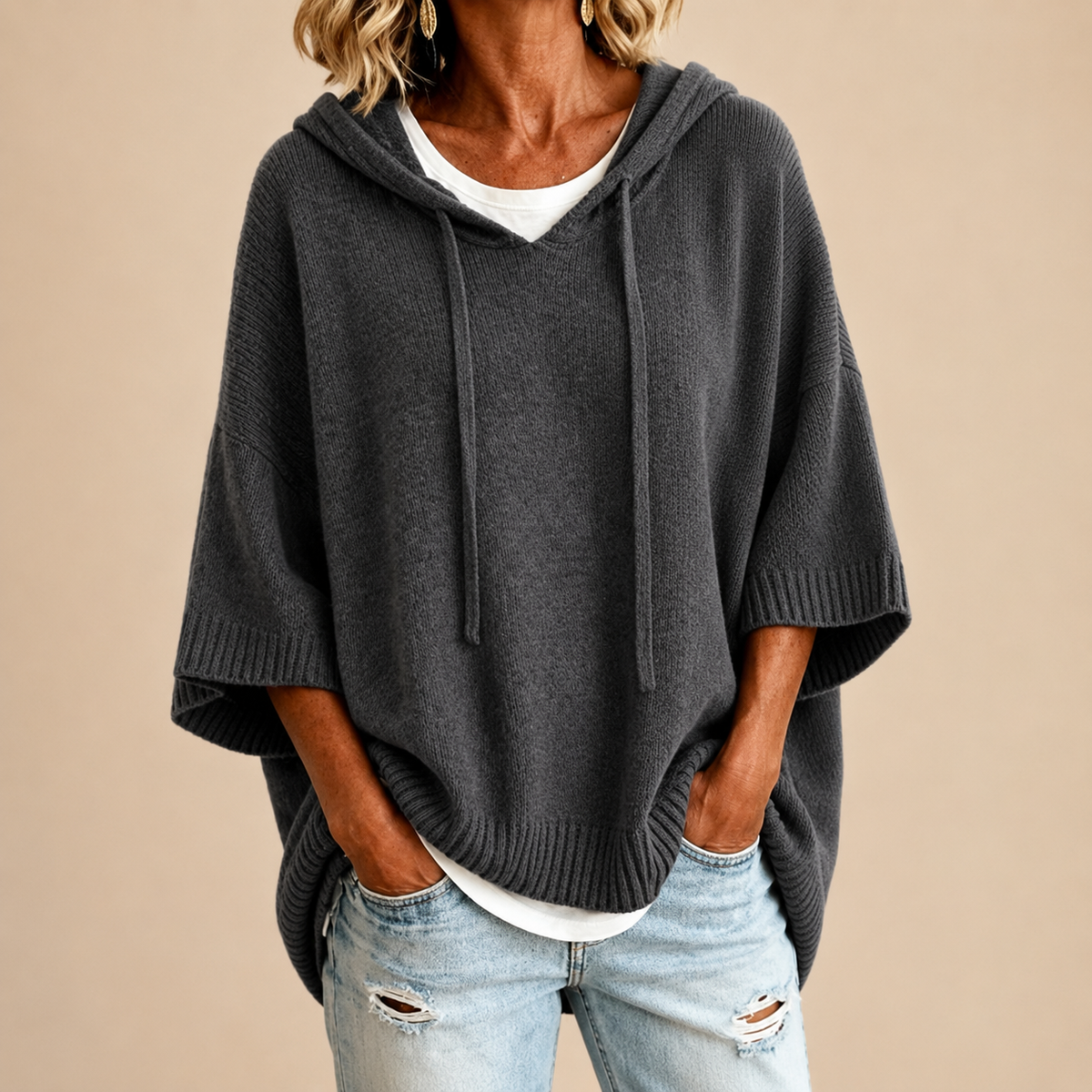 Rhiannon | Hooded Knit Poncho with Three-Quarter Sleeves