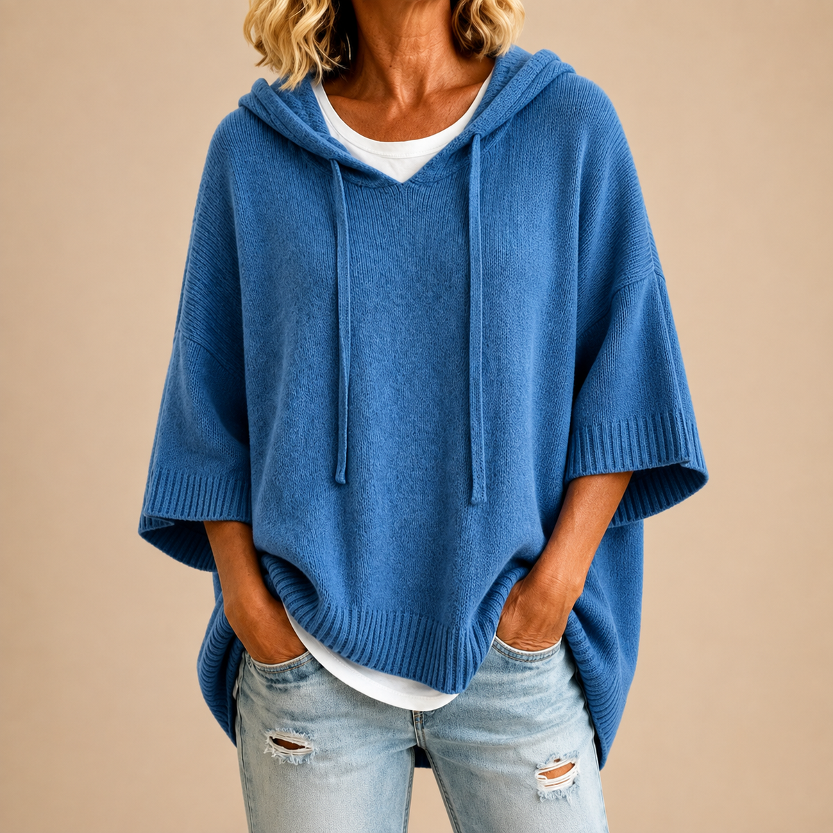 Rhiannon | Hooded Knit Poncho with Three-Quarter Sleeves