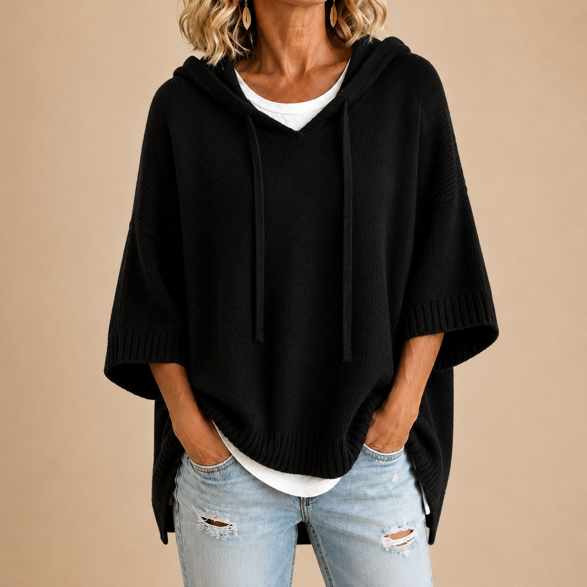 Rhiannon | Hooded Knit Poncho with Three-Quarter Sleeves