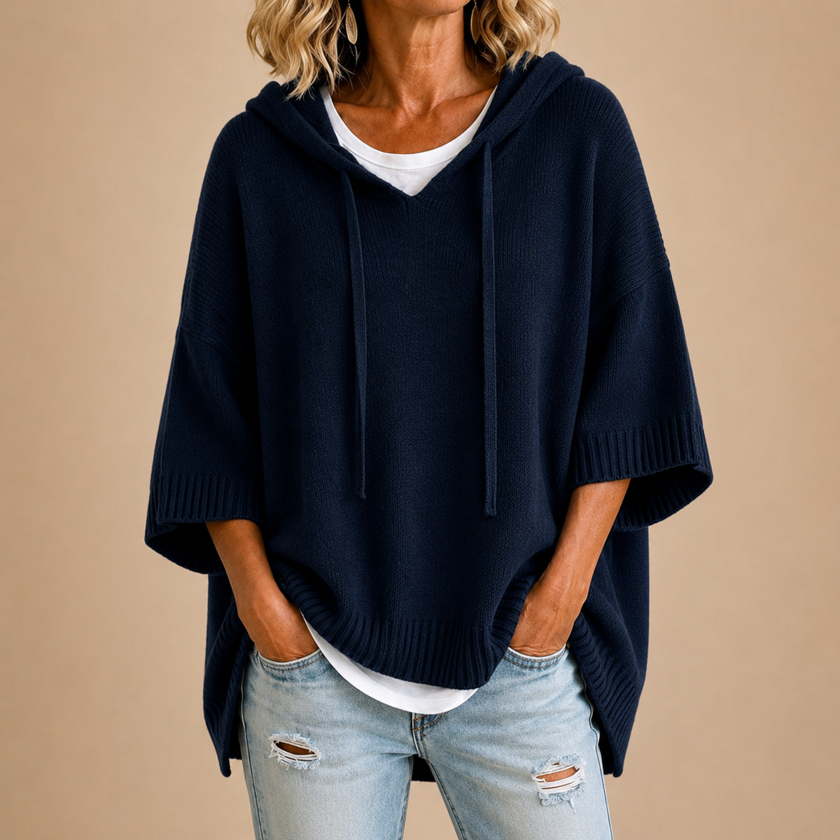 Rhiannon | Hooded Knit Poncho with Three-Quarter Sleeves