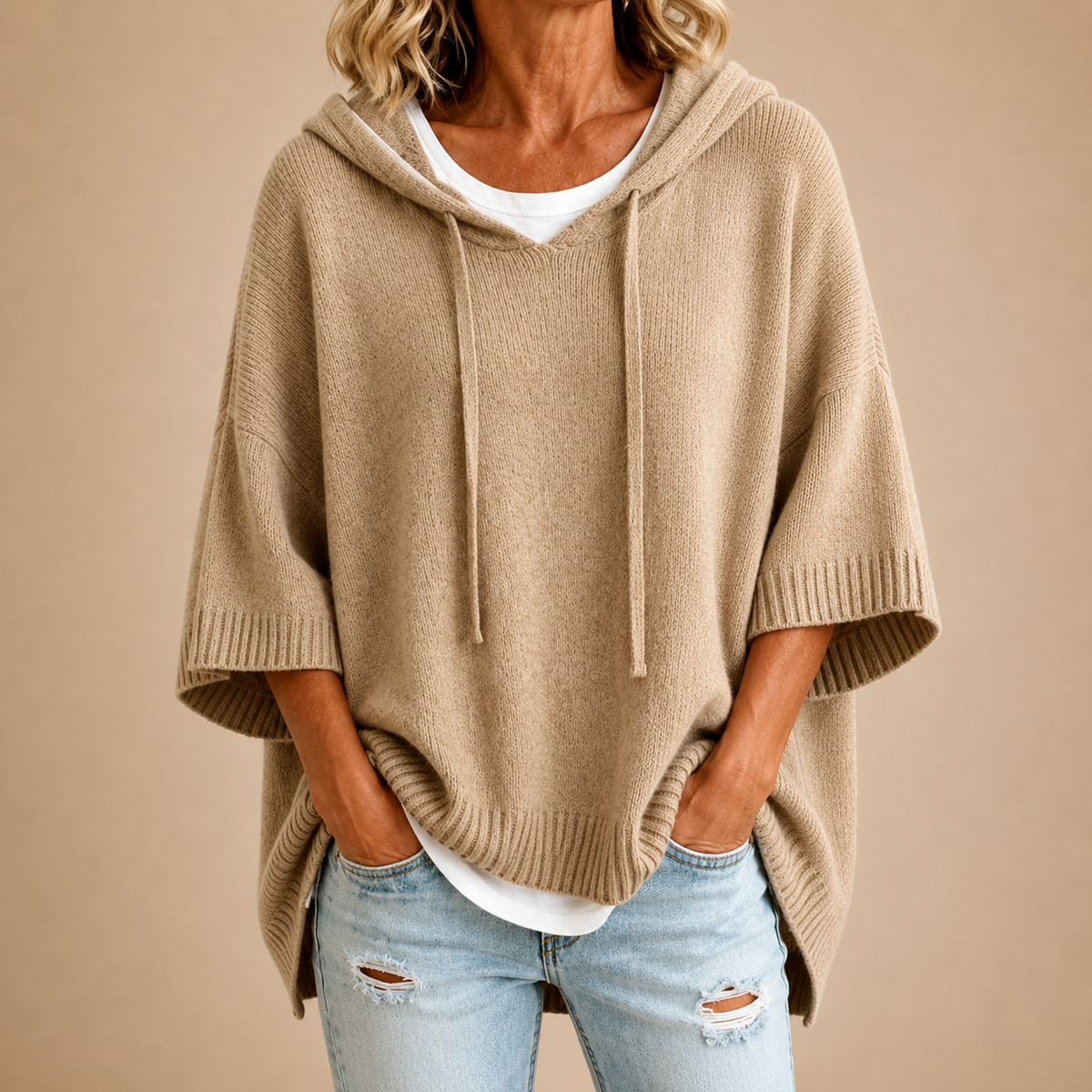 Rhiannon | Hooded Knit Poncho with Three-Quarter Sleeves