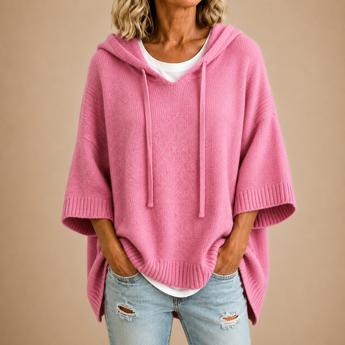 Rhiannon | Hooded Knit Poncho with Three-Quarter Sleeves