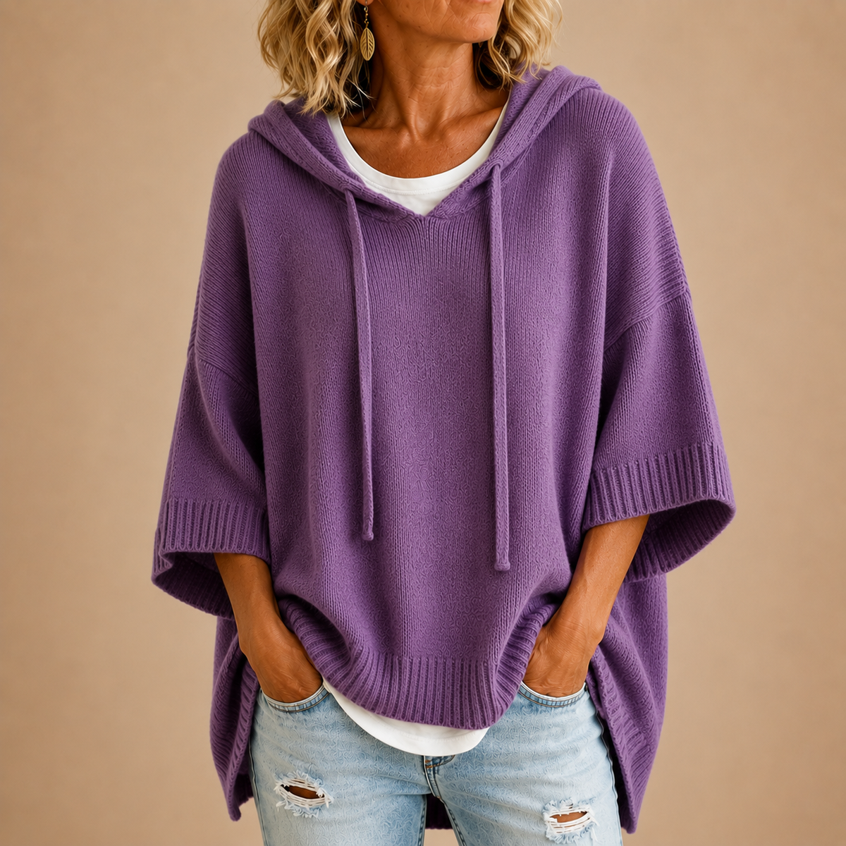 Rhiannon | Hooded Knit Poncho with Three-Quarter Sleeves