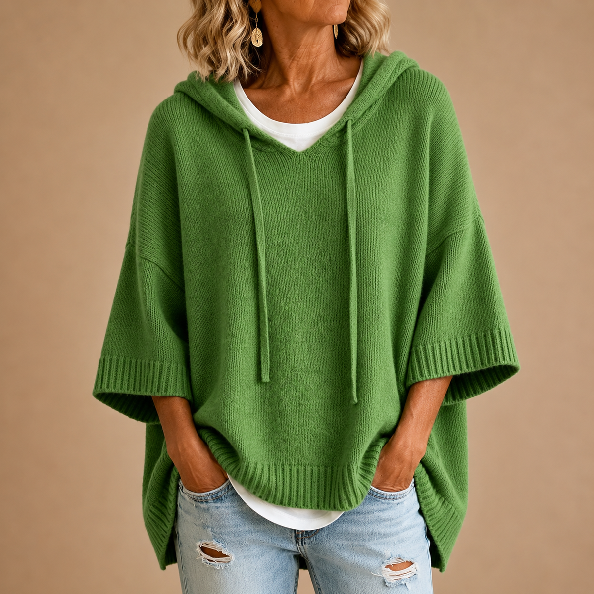Rhiannon | Hooded Knit Poncho with Three-Quarter Sleeves