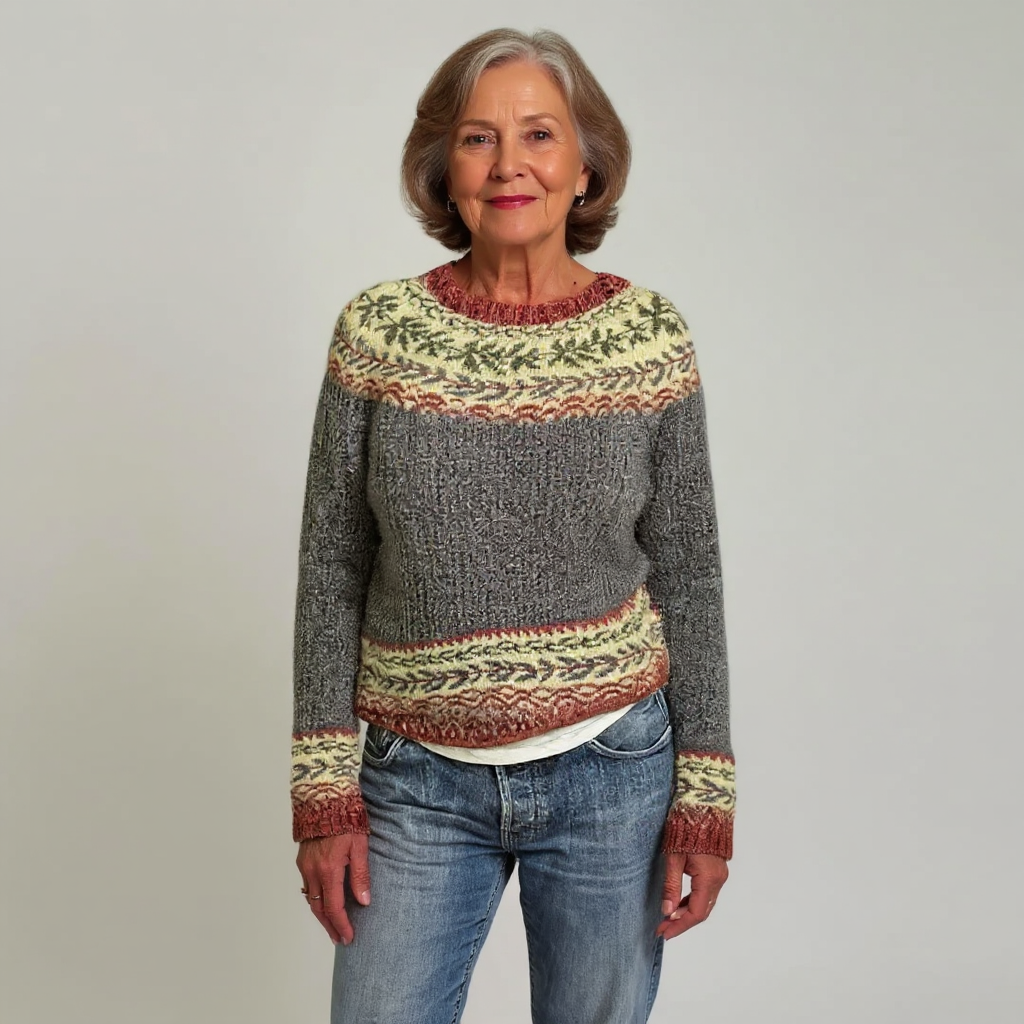 Frances | Grey Leaf Pattern Yoke Sweater